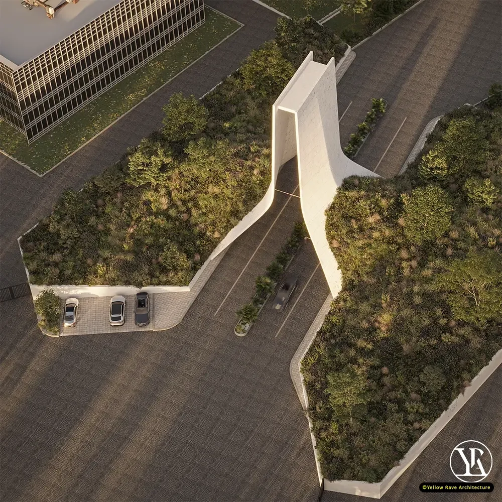 Monumental Gate — three-quarter dusk view showing full height of the concrete structure and warm-lit carriageway below, concept render