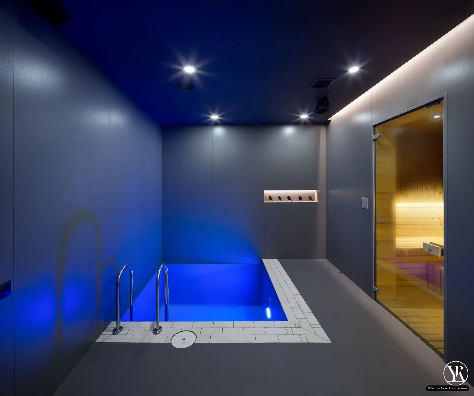 Home Spa Extension — relaxation zone with dark timber slatted ceiling over grey lounge chairs beside the pool