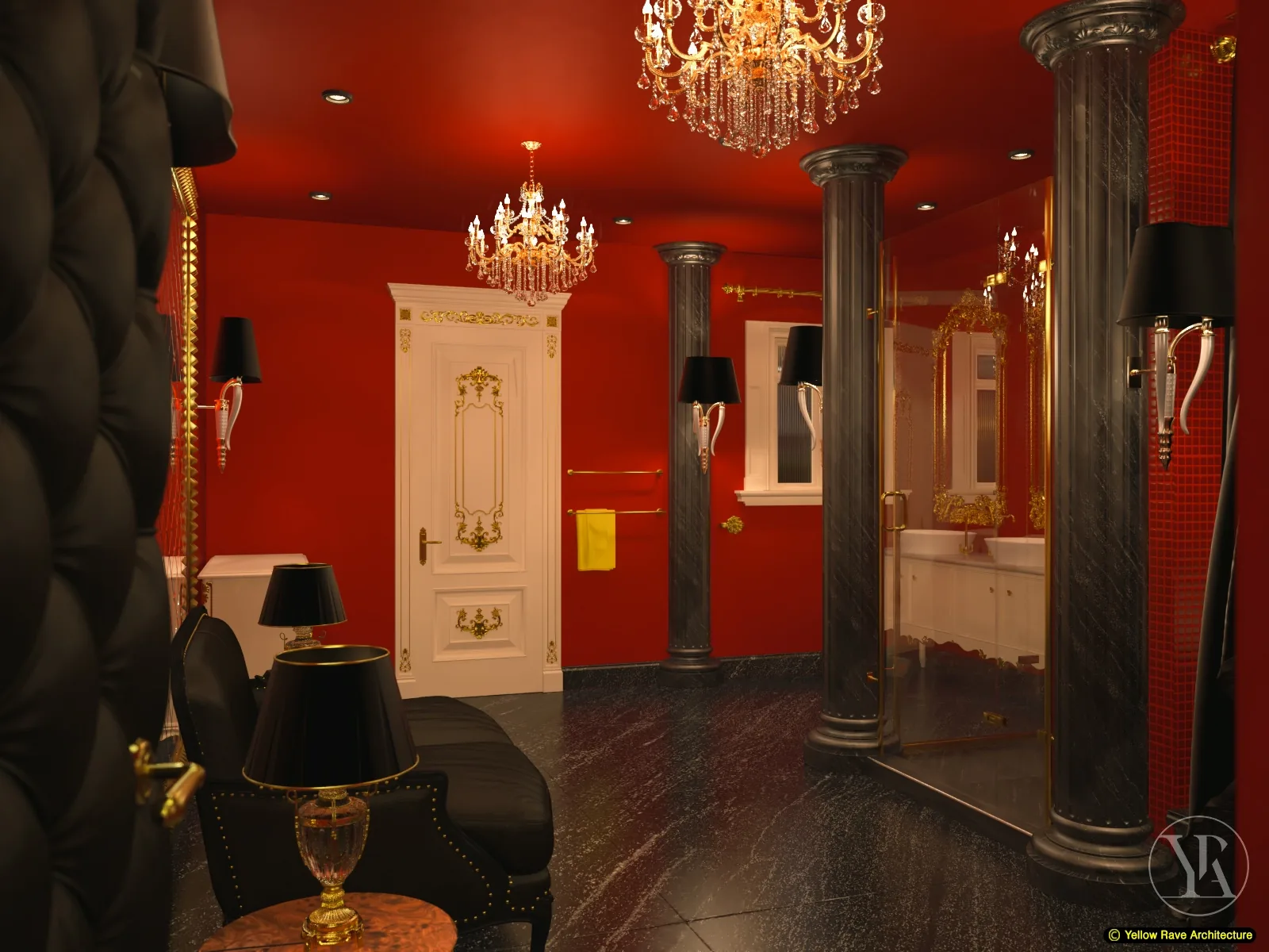 Lovers Play Room — full bathroom view with three dark columns, white French vanity, baroque gold mirrors and ornate door with gold mouldings