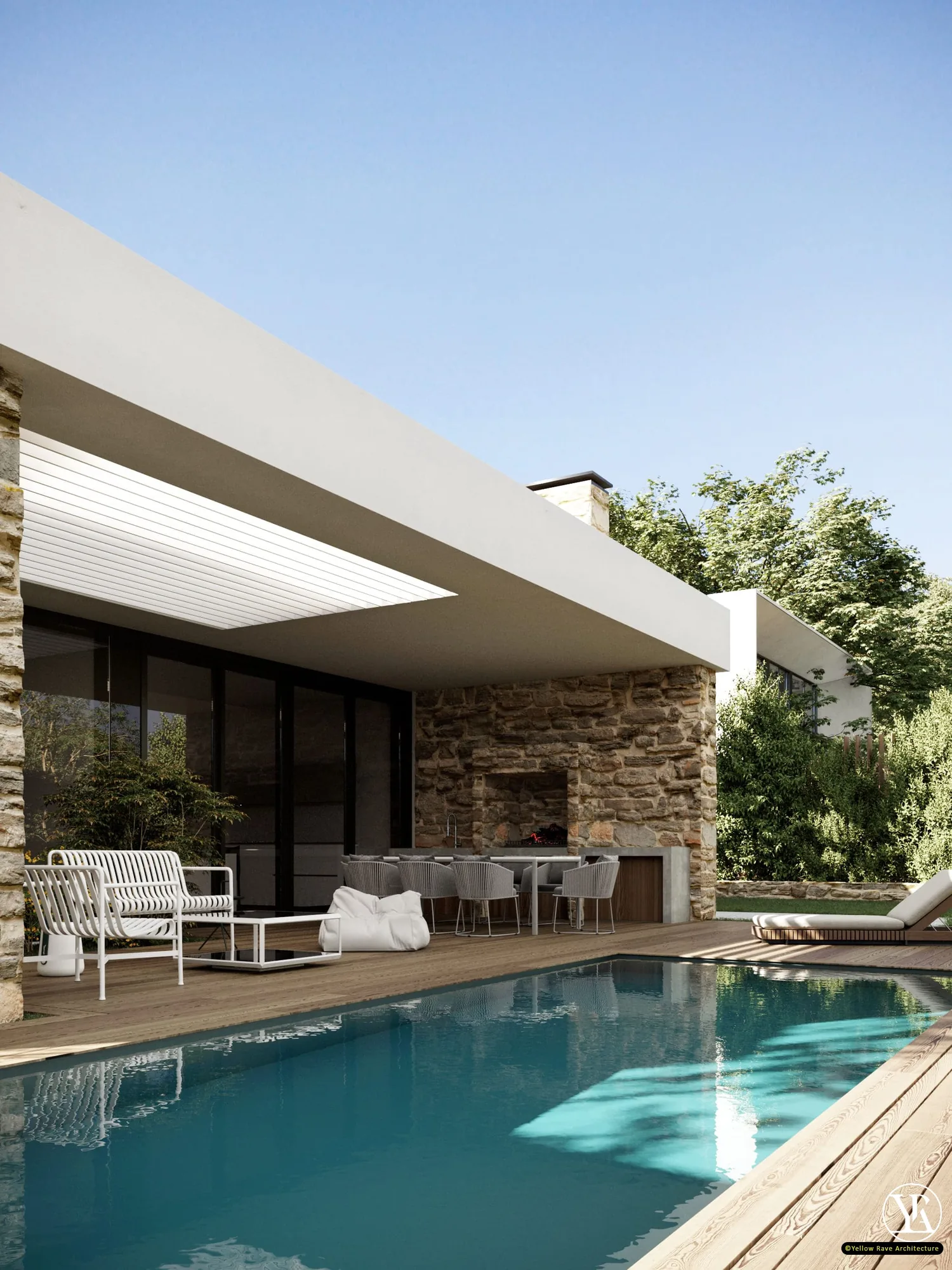 Residence 1 — rear garden view showing full rear elevation with white roof plate, rubble stone sections, floor-to-ceiling glazing, timber deck, lap pool and planted perimeter, concept render