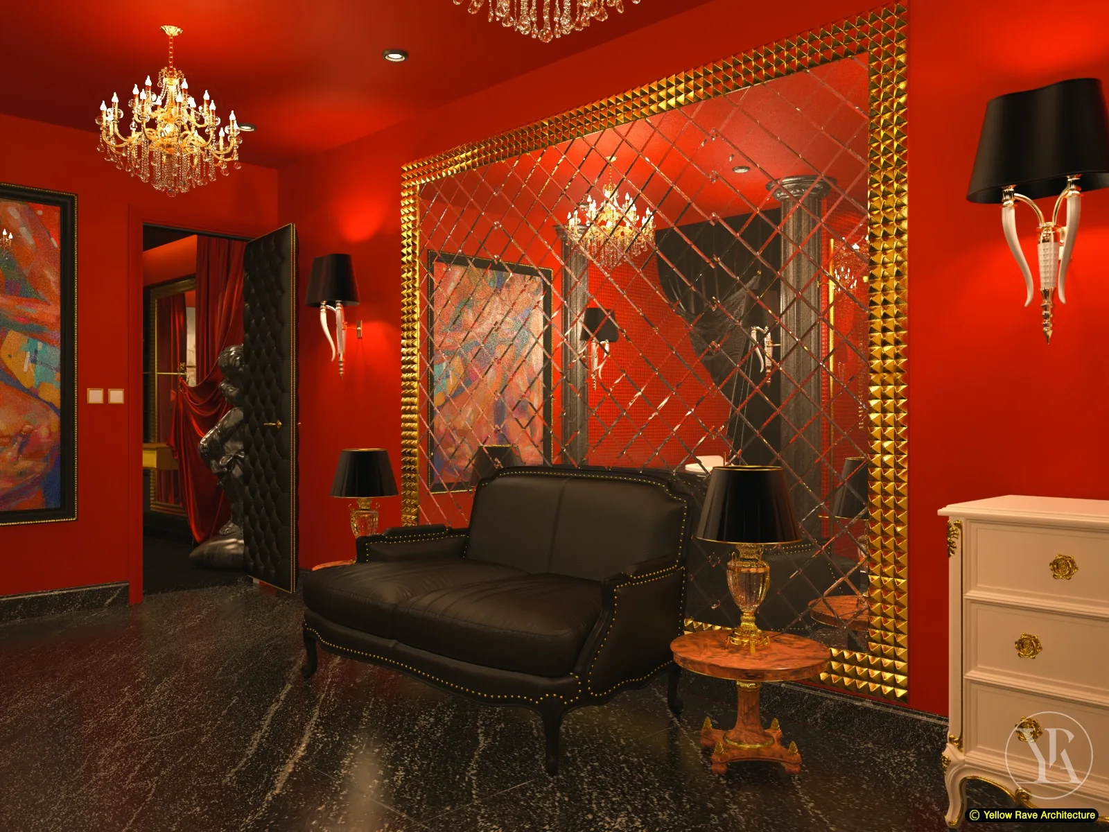 Lovers Play Room — bedroom zone with heavy red velvet drape curtains flanking a central mirror, study desk and black lion statue
