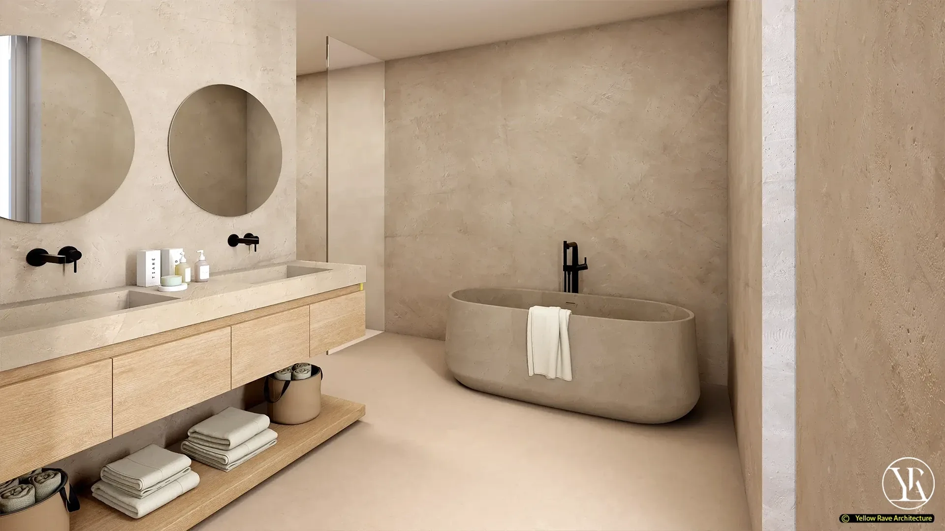 Naivasha House on a Hill — bathroom interior with polished stone walls and floor, freestanding oval tub, twin round mirrors and oak vanity unit, concept render
