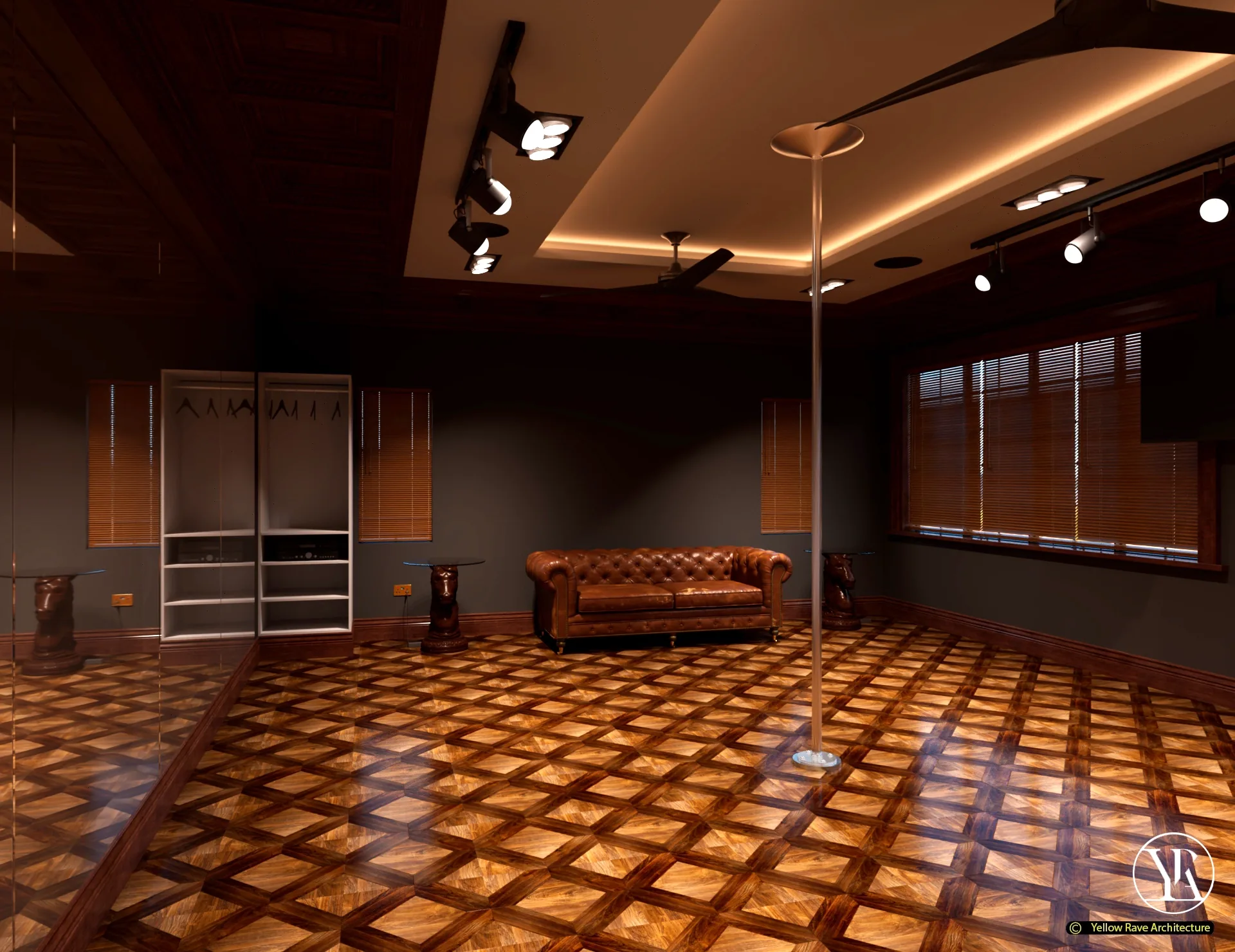 Home Dance Room Studio — full-width mirror wall with barre rail and built-in door, diamond parquet floor and Chesterfield sofa at far end
