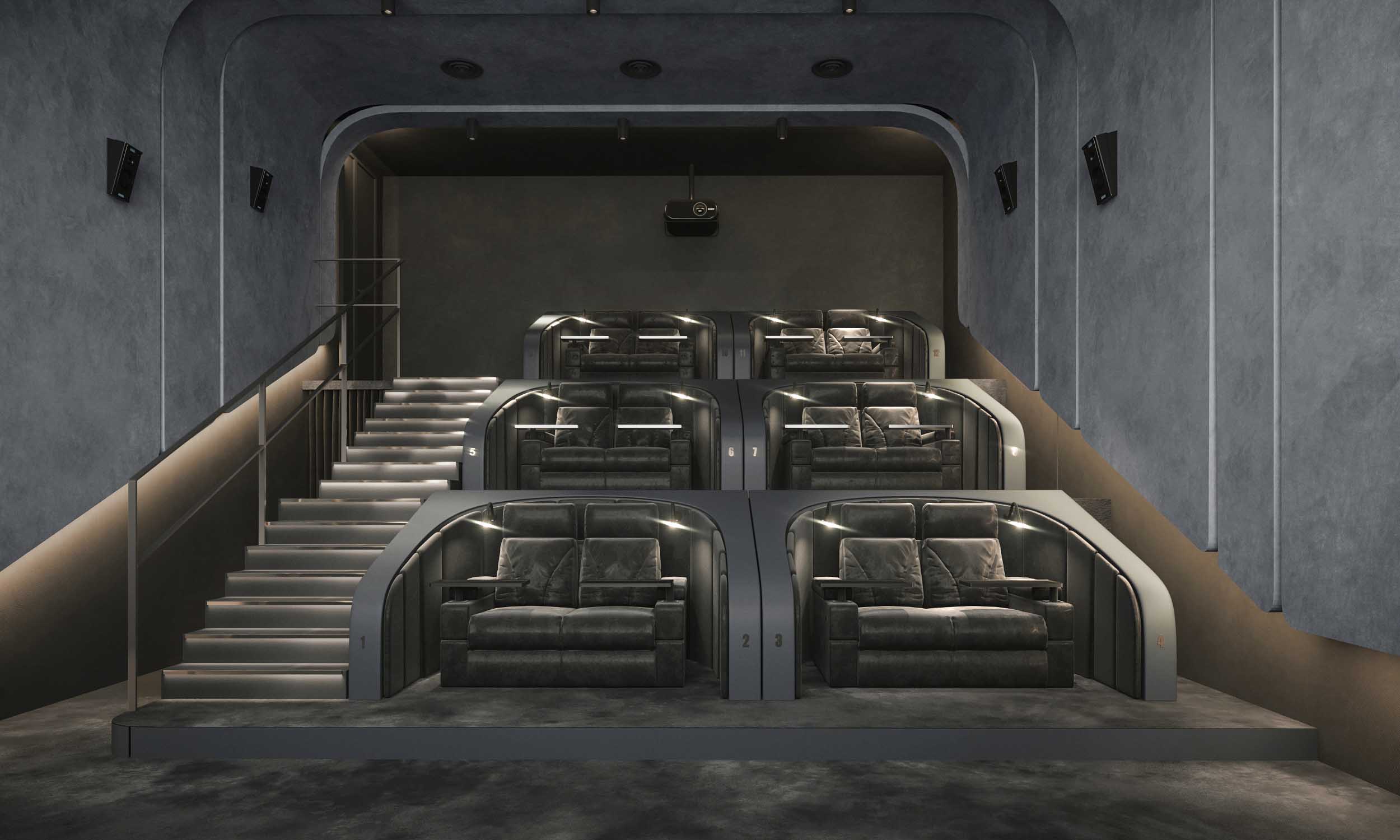 Cinema — large conventional auditorium with grey fabric upright seats, purple LED wall strips and illuminated stair risers