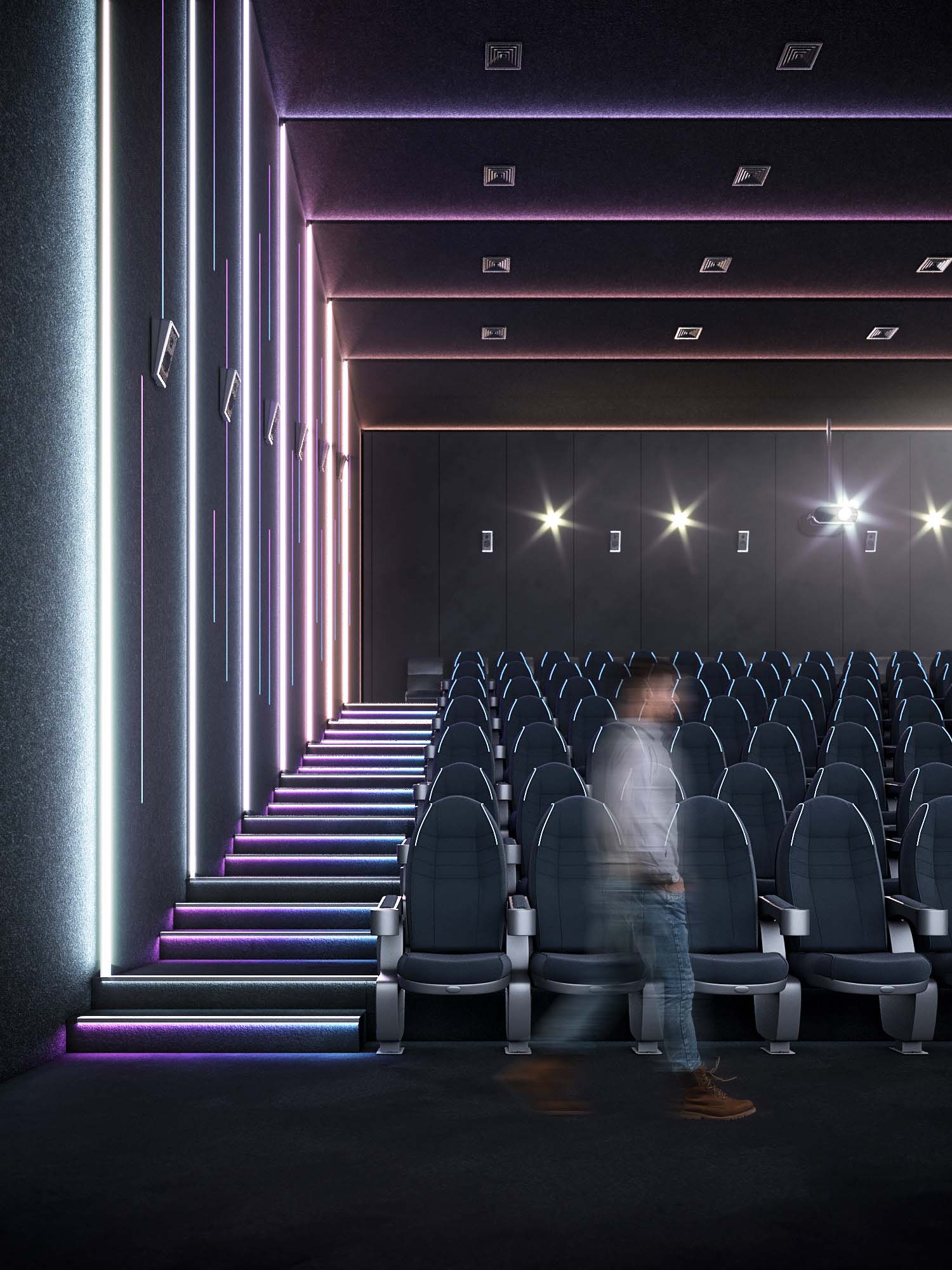 Cinema — intimate screening hall with tan leather lounge sofas and illuminated sculptural acoustic panels on the back wall