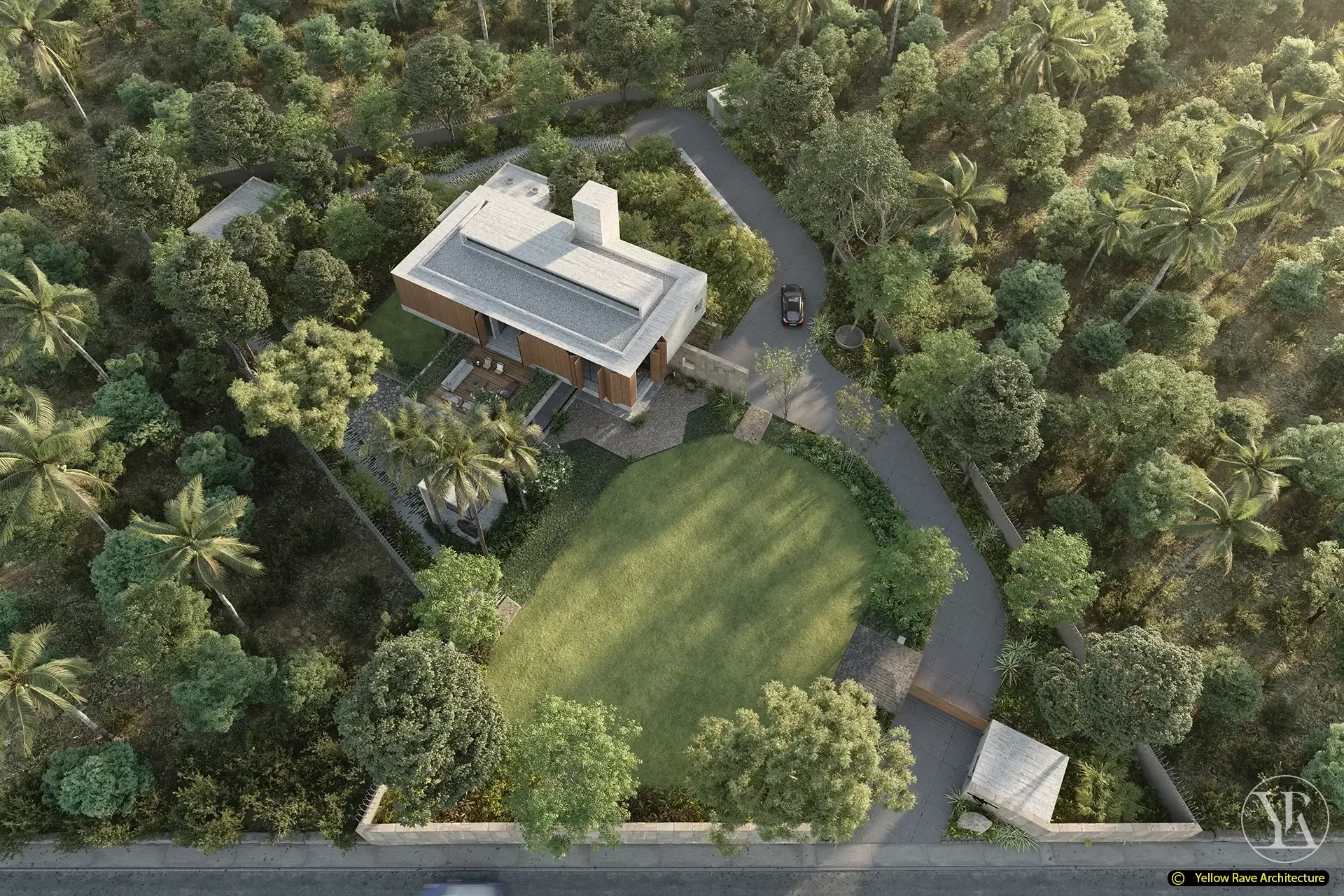 Home in Nature — front entry approach with curved concrete path, circular lawn, dense planting and garden fountain feature, concept render