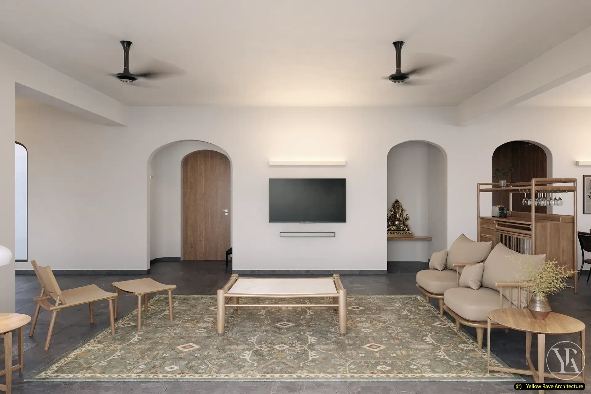 Coastal Minimalism — dining room with long white table, brown leather chairs, woven pendant and arched wall niche