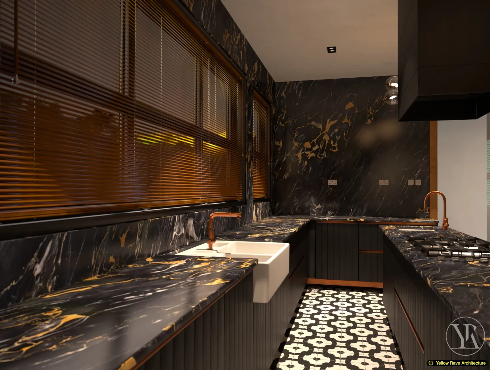 Luxury Dark Kitchen — alternate angle showing black marble island with gas hob, globe pendant and ribbed glass pantry doors to wine room beyond