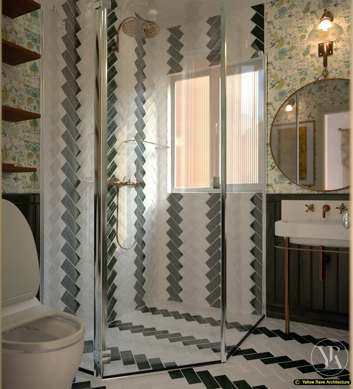Green Bathroom — doorway view showing white pedestal basin with brass tap, round copper mirror and amber wall sconce against the botanical wallpaper