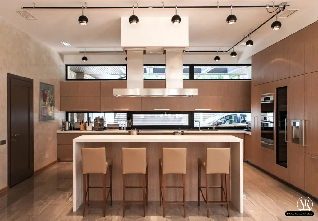 Alone With Nature — twin white vessel sinks on pale timber countertop with slate floor, bathroom