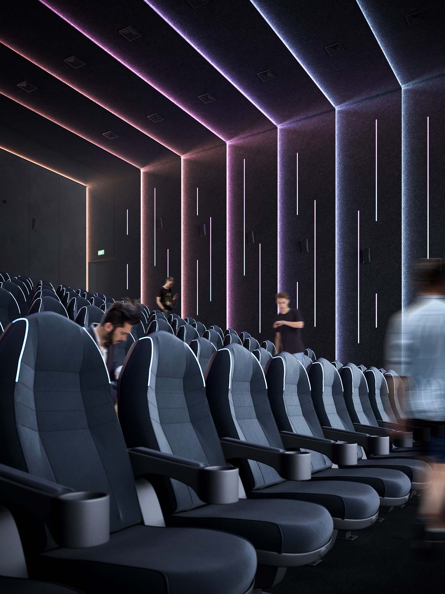 Cinema — rear view of two-tier numbered seating pods with central illuminated aisle stairs and projector in the ceiling