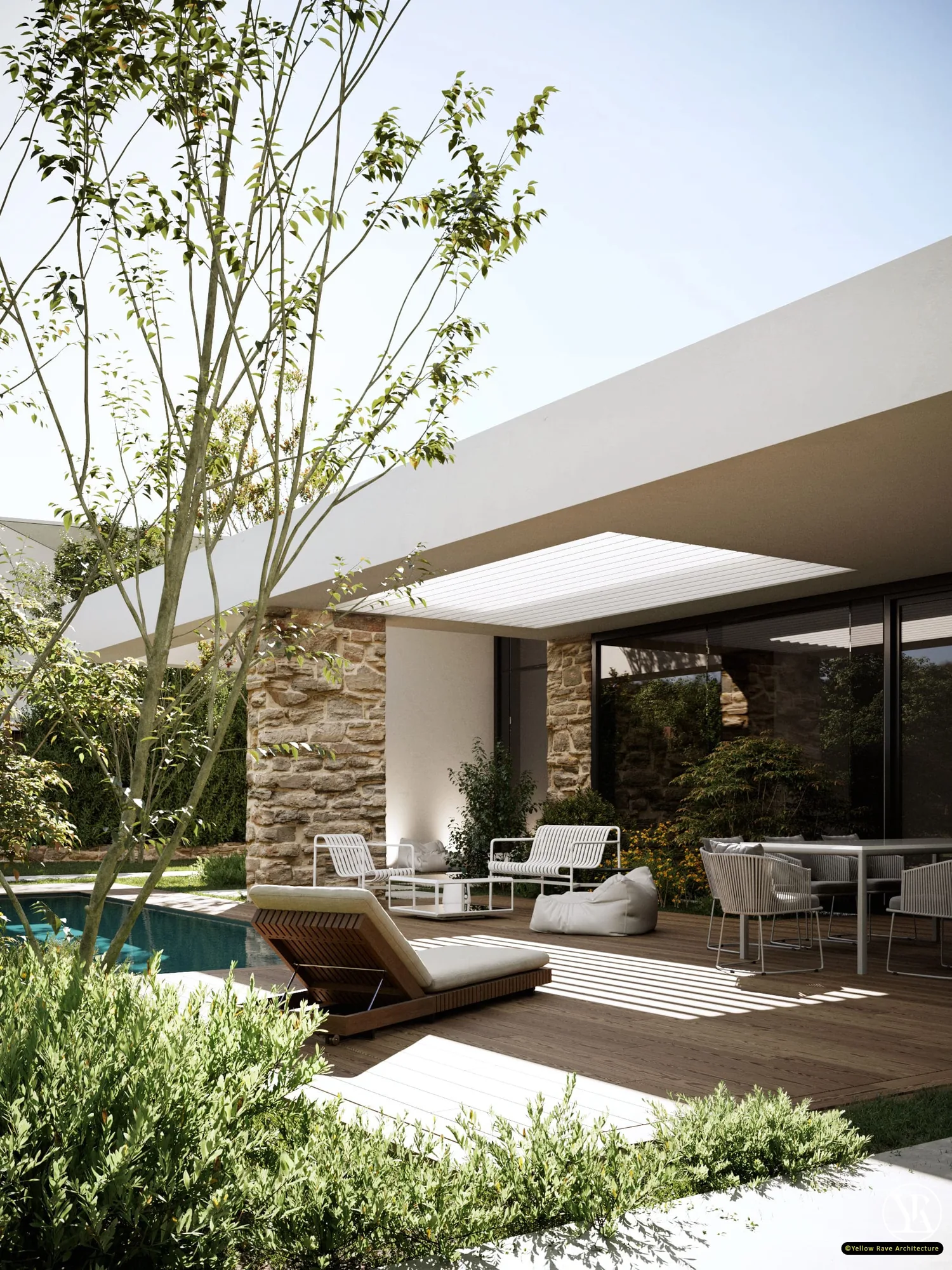 Residence 1 — pool terrace view from covered outdoor dining area showing lap pool, timber deck, white metal lounge chair and rubble stone pier, concept render