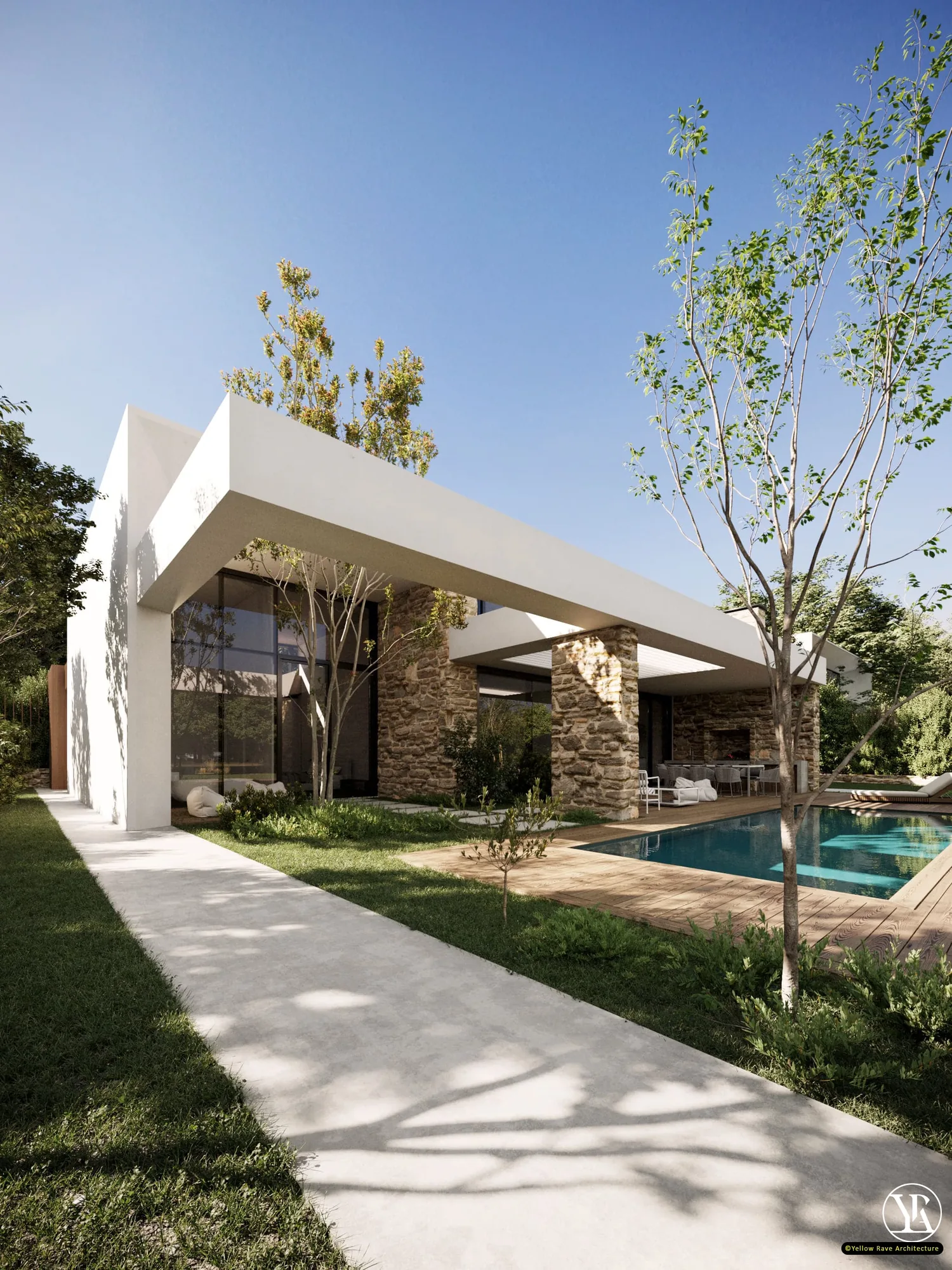 Residence 1 — poolside view from garden showing timber sun lounger, white outdoor furniture grouping, rubble stone pier and floor-to-ceiling glazed interior beyond, concept render