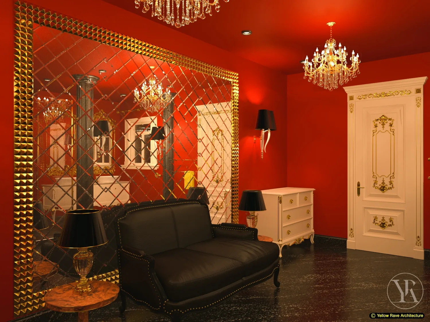 Lovers Play Room — bedroom showing bed with red satin quilt, chinoiserie landscape mural behind and pendant bedside lamps, Kilimani