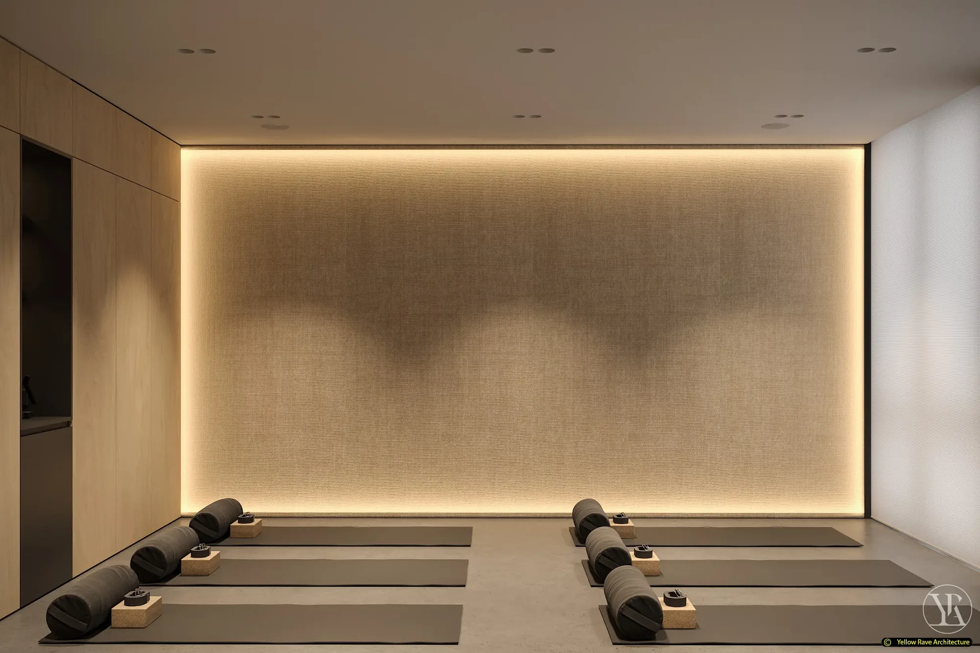 Yoga with Friends — locker room with six numbered birch plywood lockers with leather pull handles, floating lit bench below and timber peg hooks on the adjacent wall
