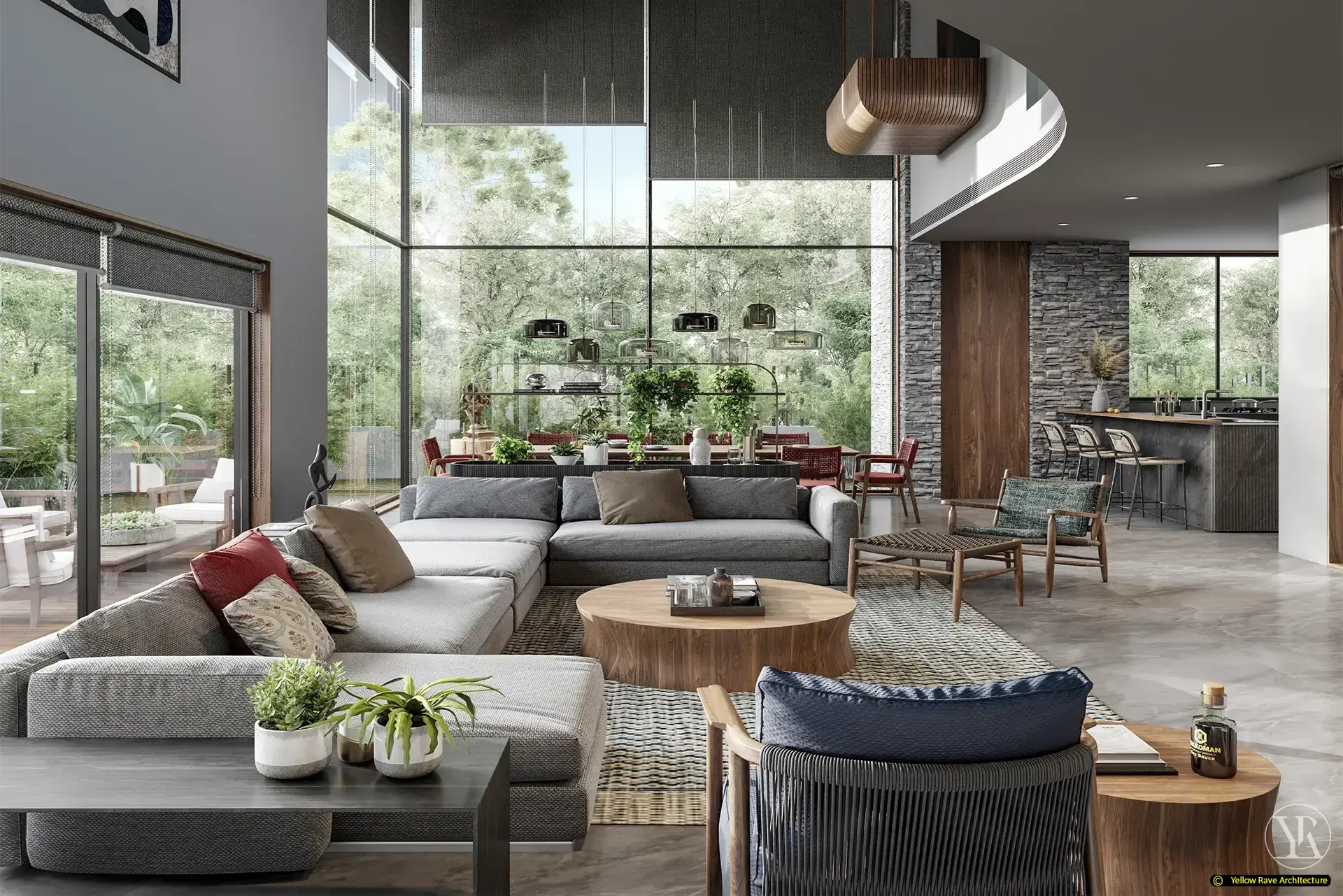 House of Views — dining room with timber table, red woven chairs, smoked glass pendants and double-height glazing to the garden