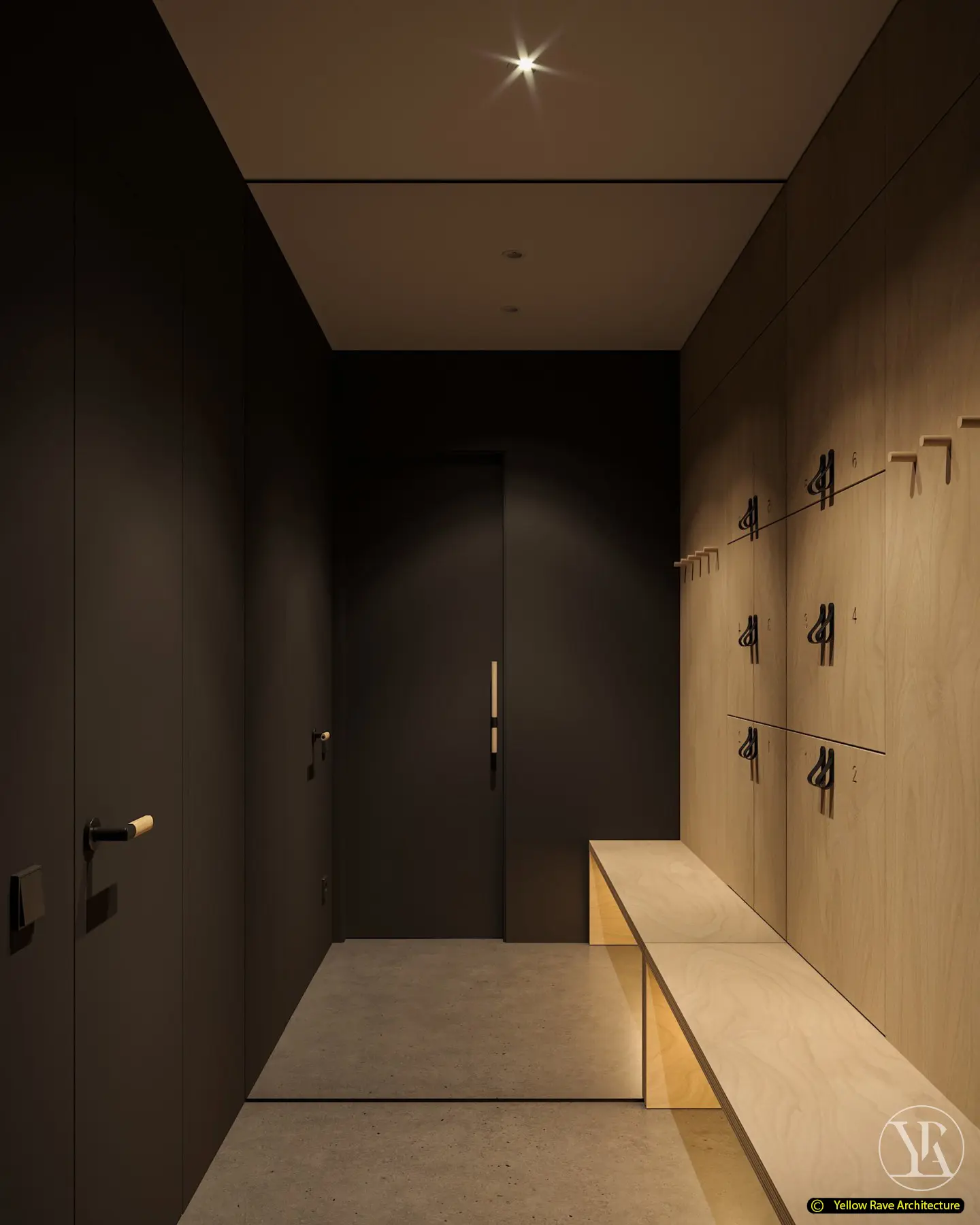 Yoga with Friends — locker room corridor view showing numbered plywood locker wall and dark door at end