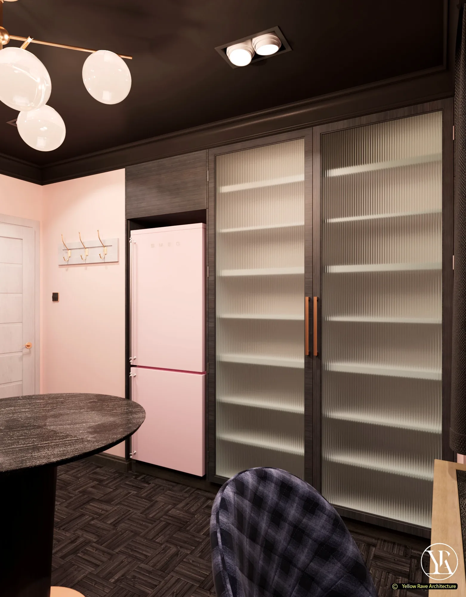 Home Baking Studio — storage wall showing ribbed glass cabinet doors with copper handles, pink refrigerator in alcove and apron hook rail by the entry