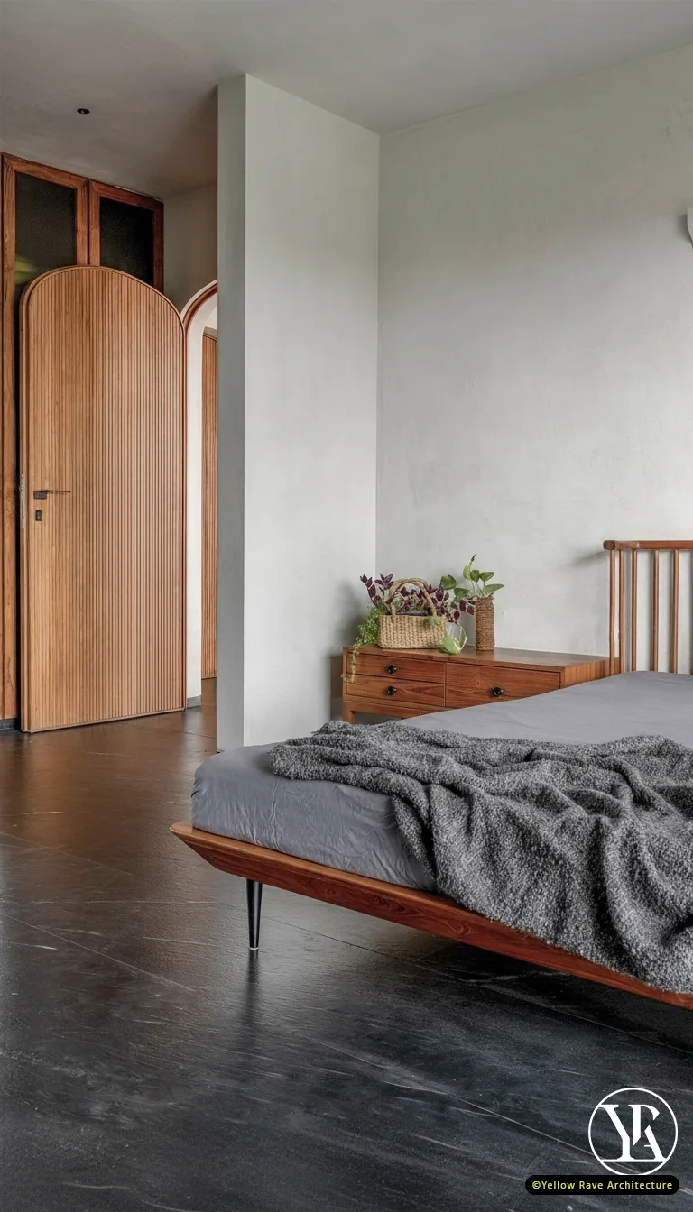 Minimalist Mid-Century Interiors — overview of the full apartment layout from the terrace threshold