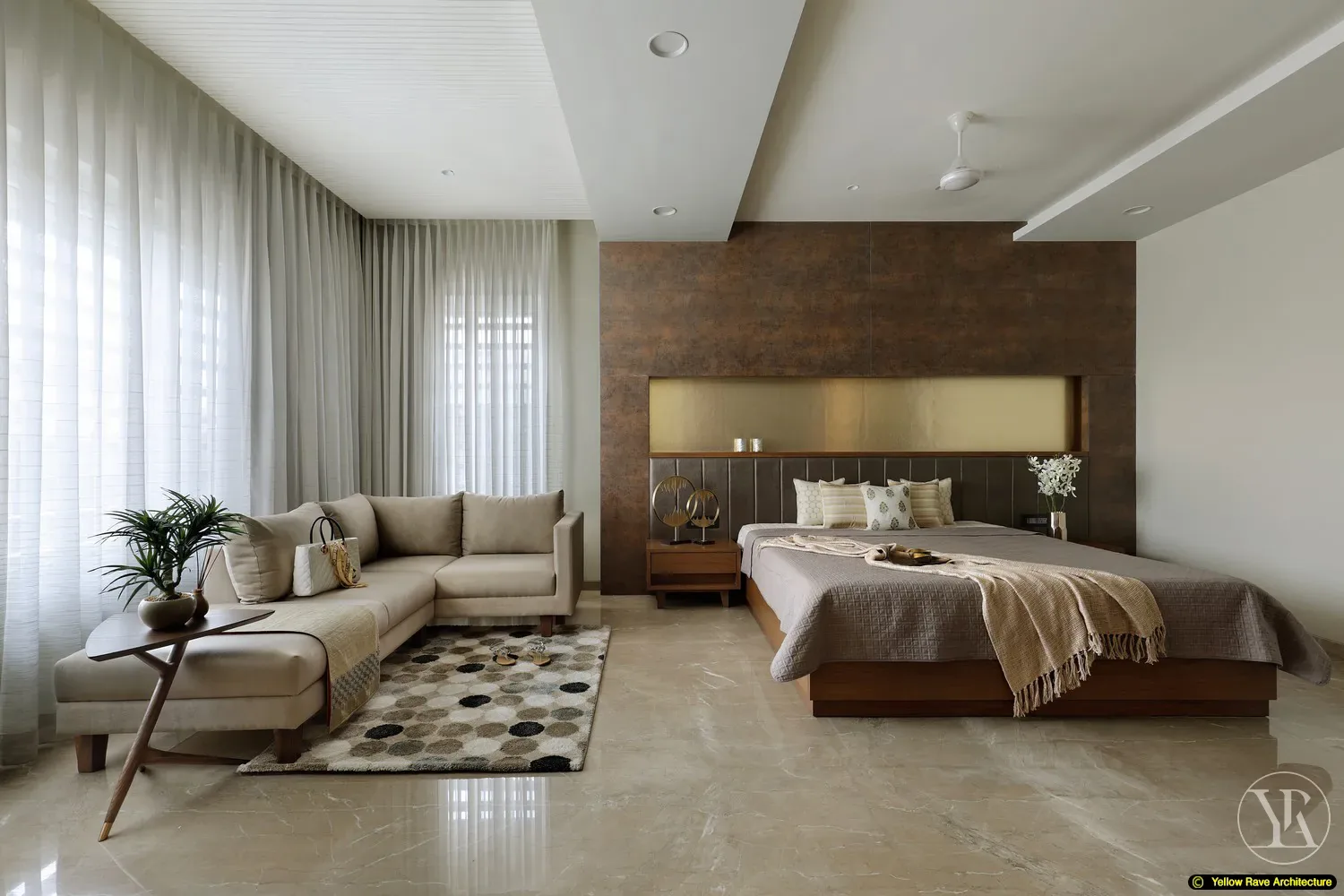 Earth Tone — bathroom with grey-brown marble walls and floor, wall-mounted WC, vessel sink and timber slatted bath mat