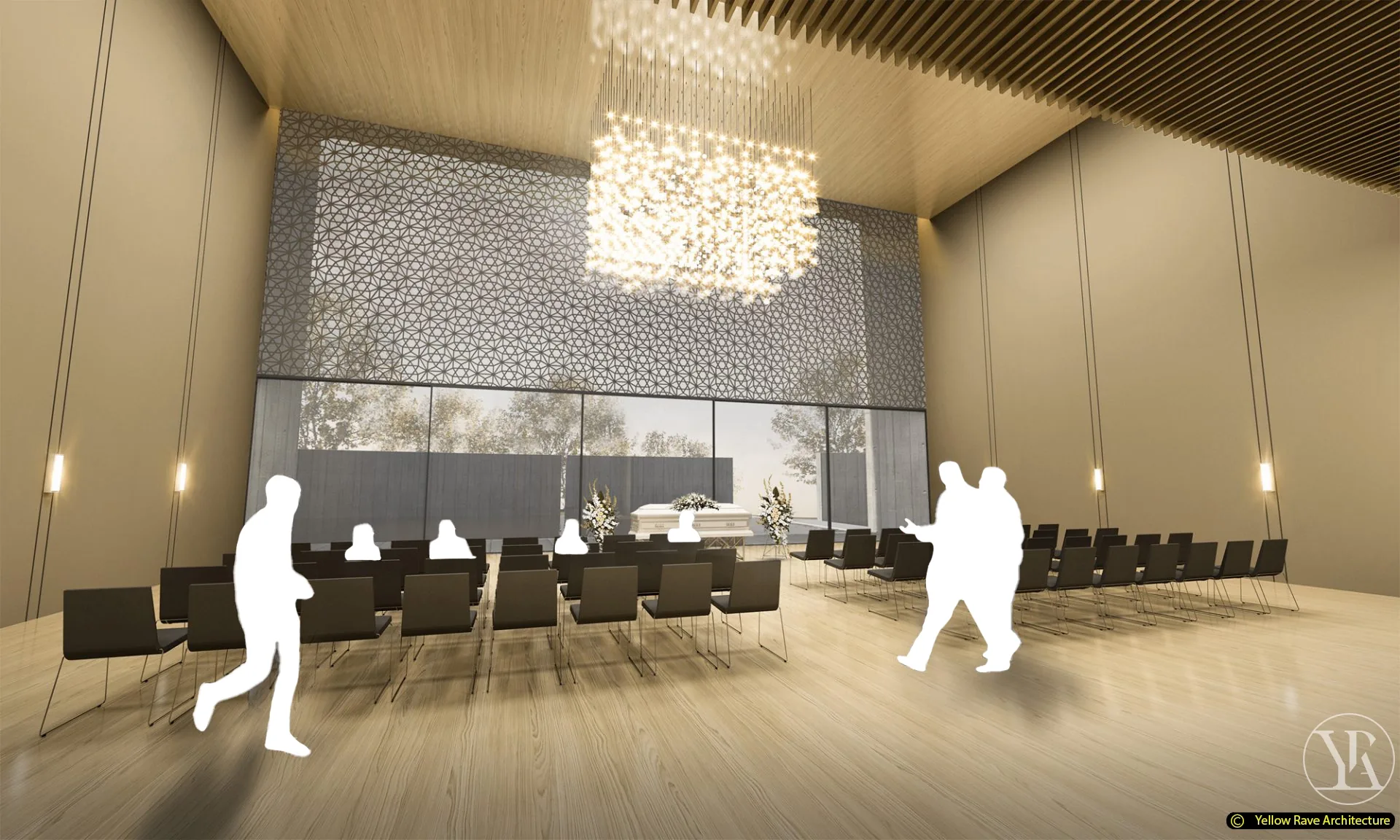 The Last Goodbye — open-air terrace with café tables and chairs under tree canopy, looking toward a tall vertical water feature wall and the building mass beyond, concept render