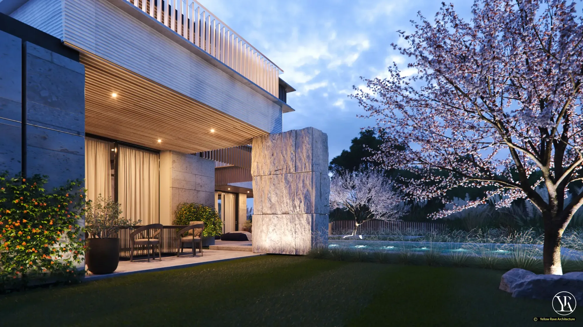 Heavy Stone — night render showing cherry tree lit in front of the stone and timber facade with covered terrace visible
