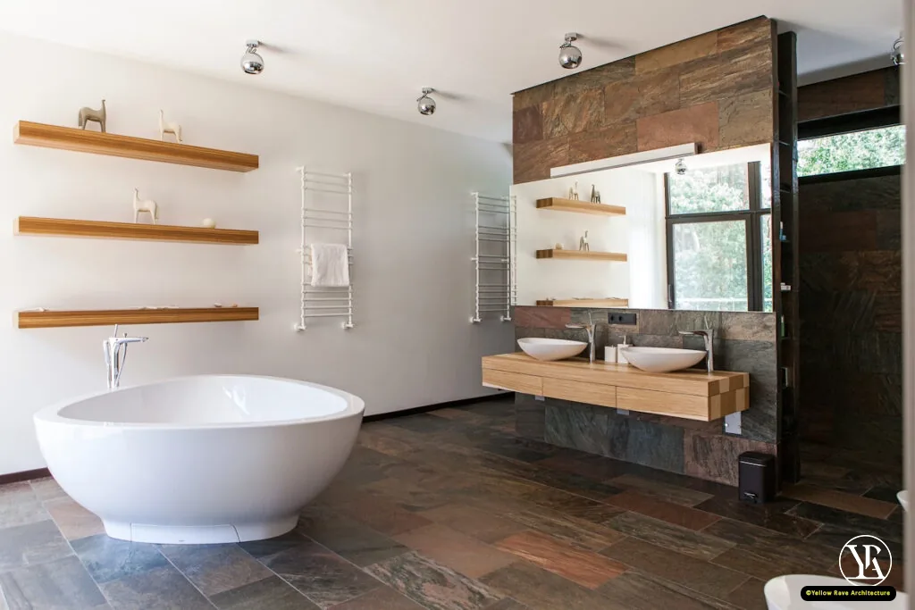 Alone With Nature — walk-in shower with dark slate wall cladding and chrome rain shower head