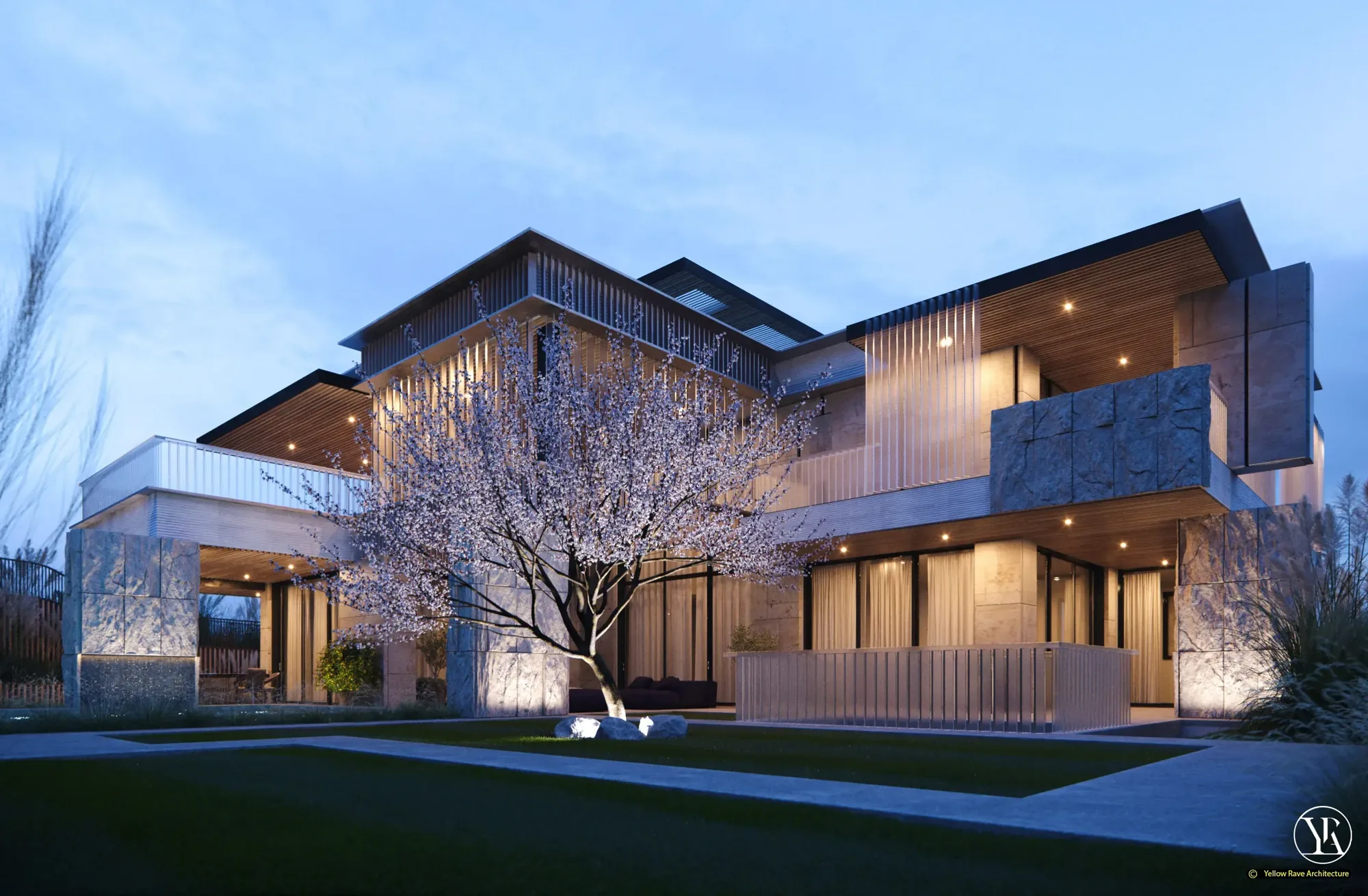 Heavy Stone — garden elevation showing stone base, cherry trees in blossom and meadow planting, concept render