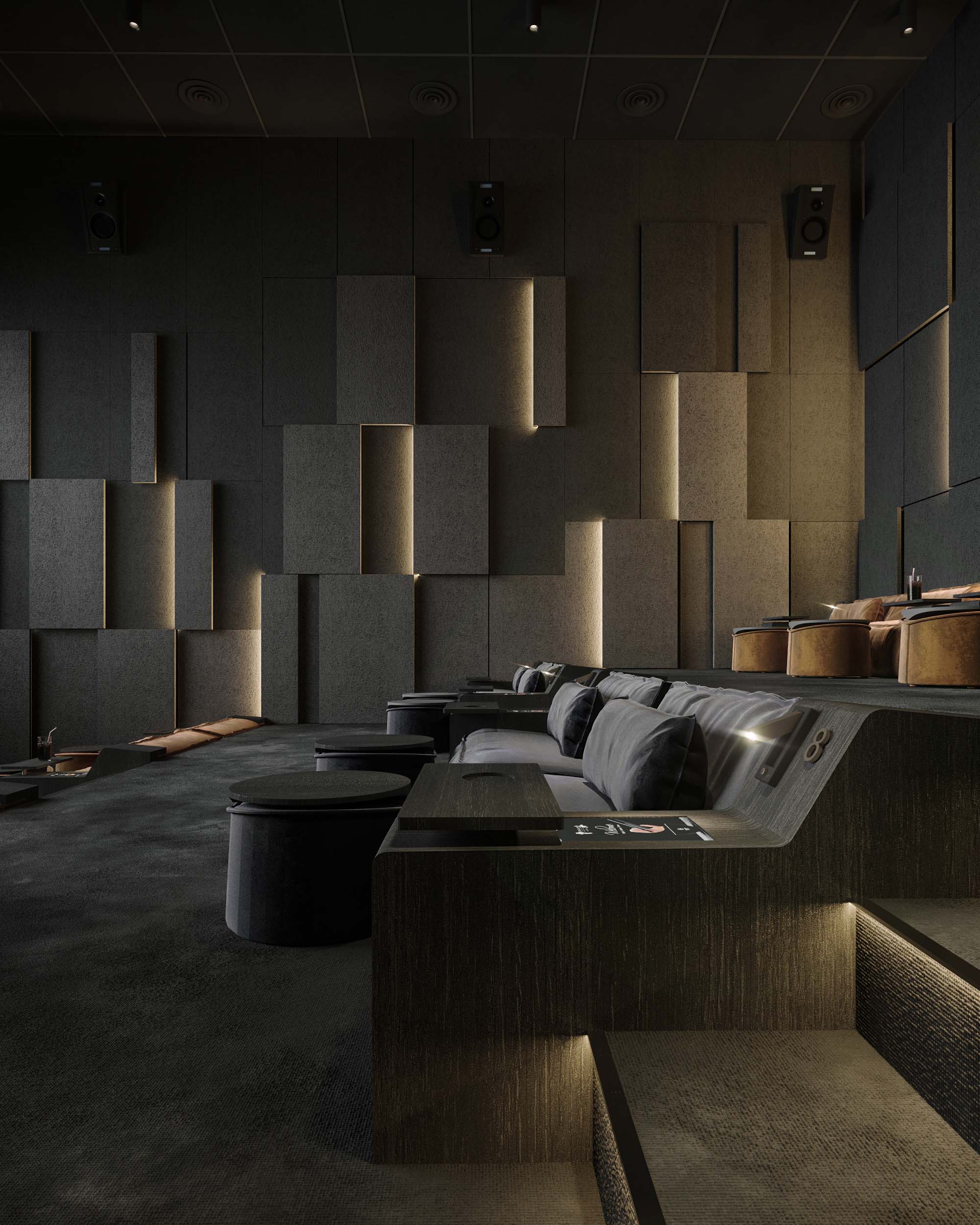 Cinema — lounge area with deep red velvet armchairs, dark green velvet benches and freeform white LED light sculpture on black ceiling