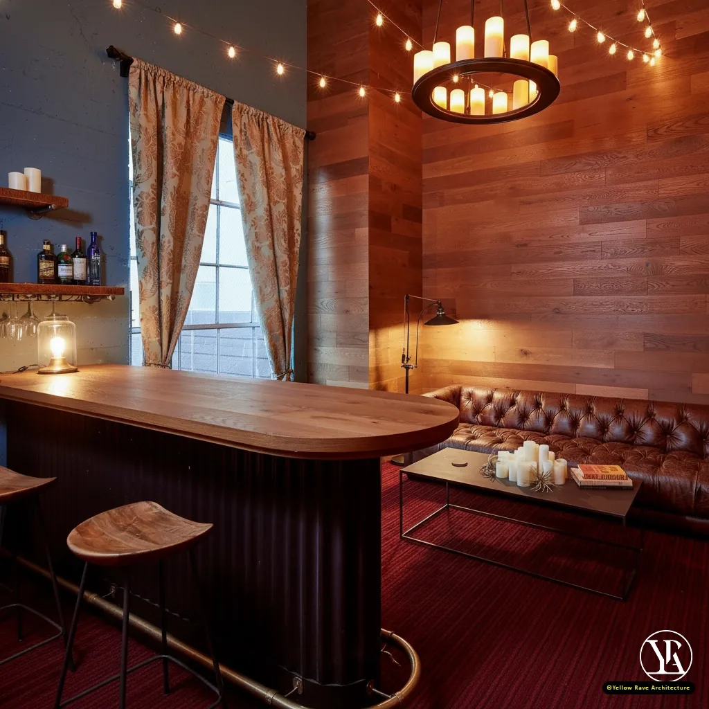 Man Cave — bar and lounge showing brown leather Chesterfield sofa against warm timber wall, hoop candle chandelier and Edison string lights