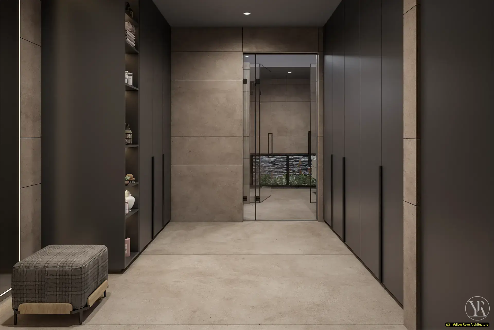 House of Views — living room with large grey sectional sofa, round timber coffee table, stone feature wall and full-height garden glazing