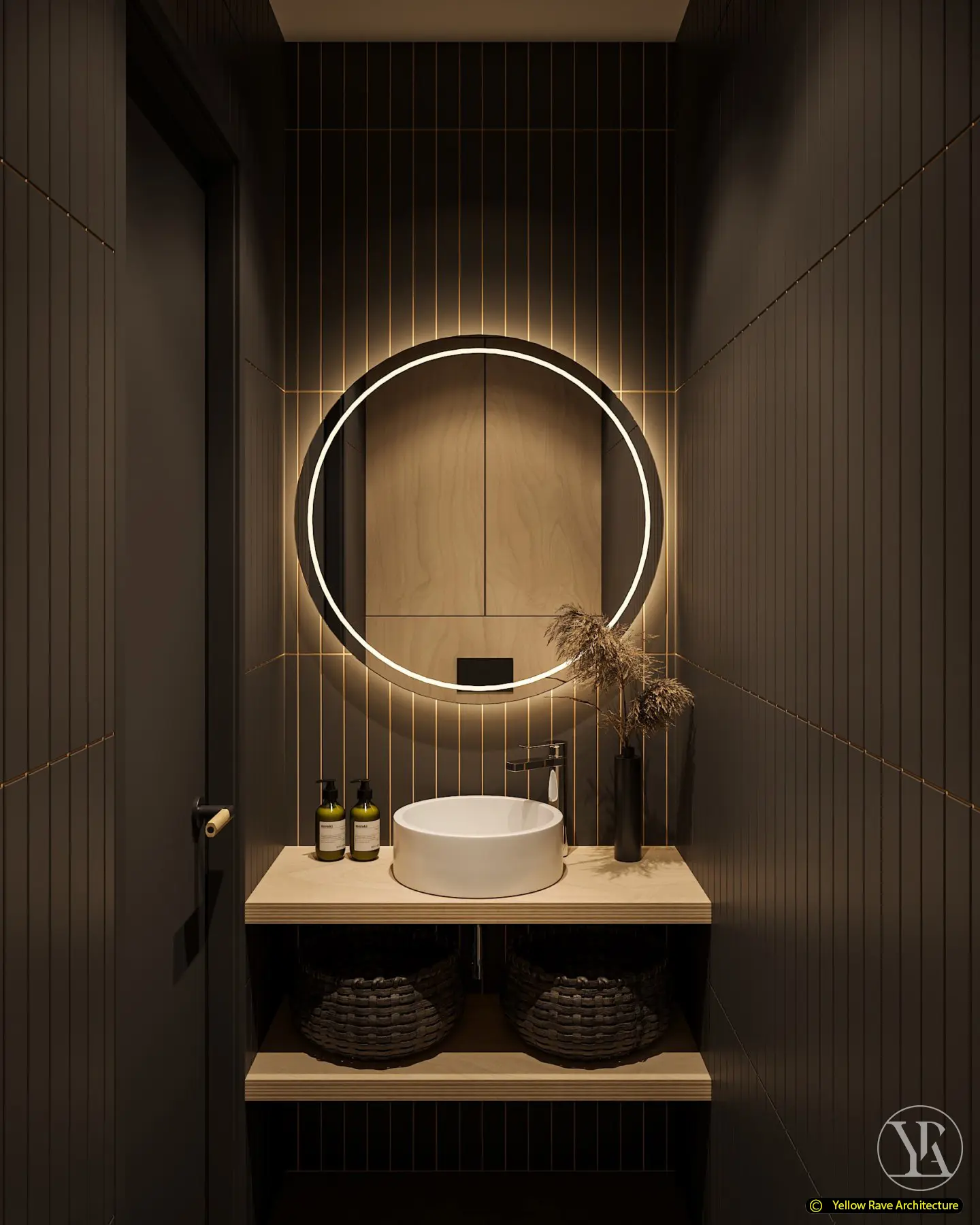 Yoga with Friends — practice room viewed from the entry end showing full mirror wall reflecting the backlit linen focal wall and grey mats in rows