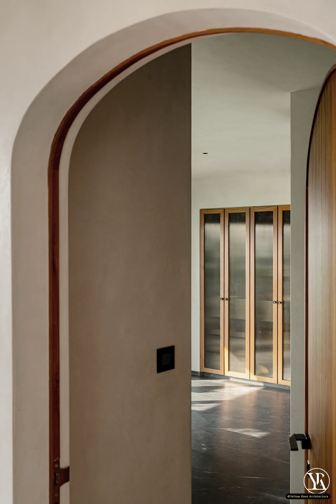 Minimalist Mid-Century Interiors — bedroom with white and brown palette and sheer drapery