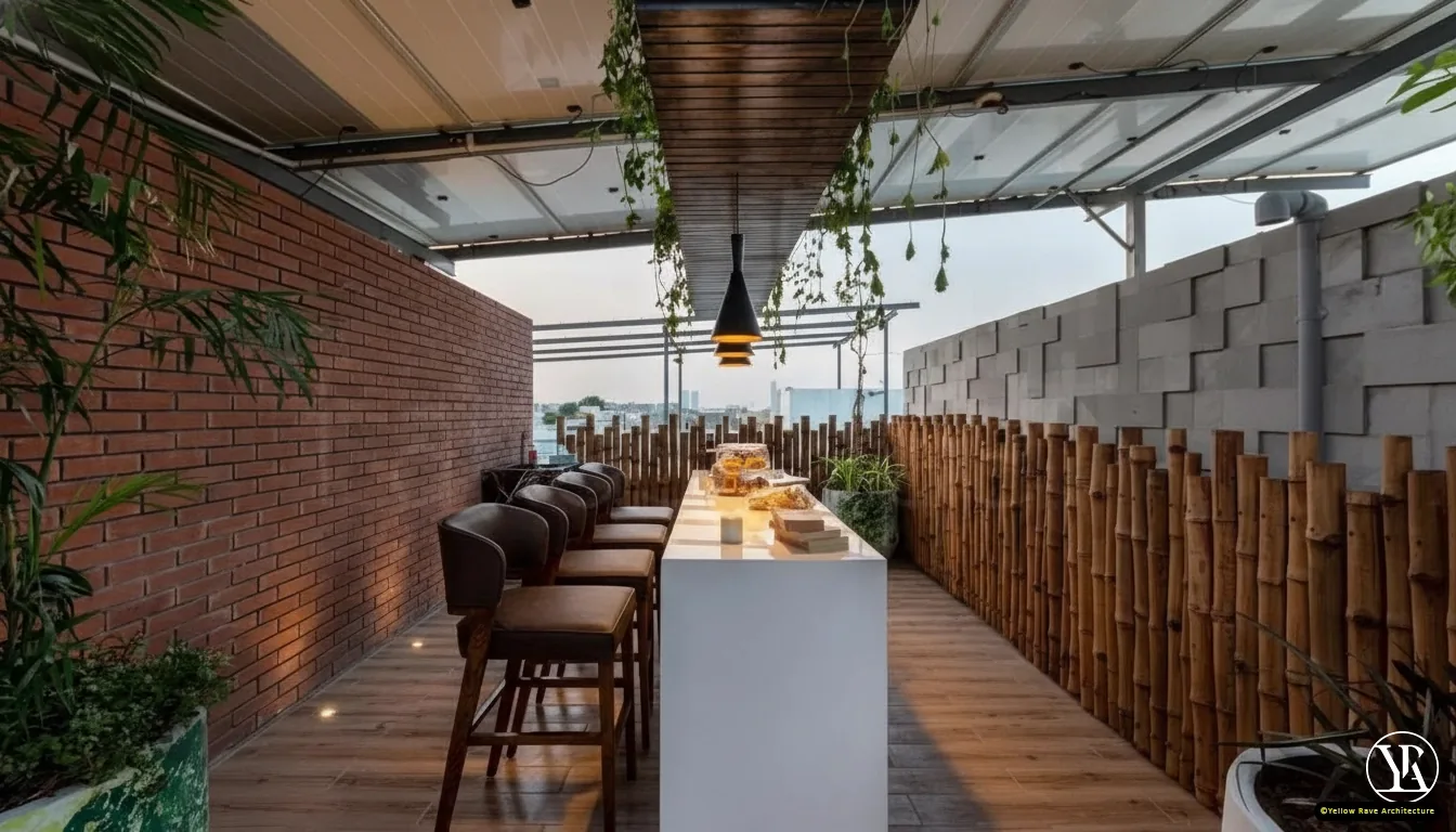 Rooftop Terrace — open-roof play and garden zone at night showing red swing frame, bamboo pole perimeter screen and illuminated stepping-stone grass squares