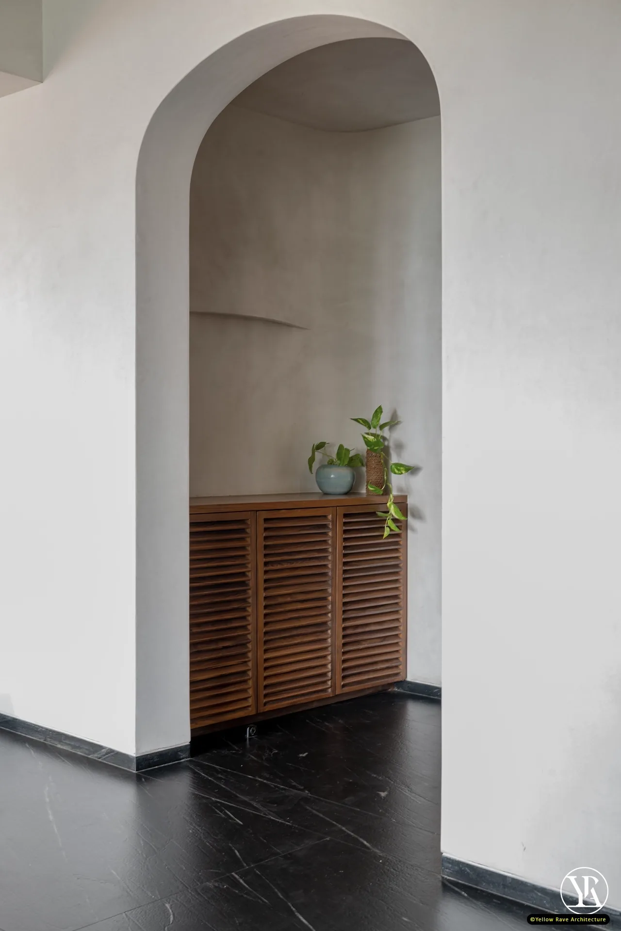 Minimalist Mid-Century Interiors — kitchen with white cabinetry and black hardware