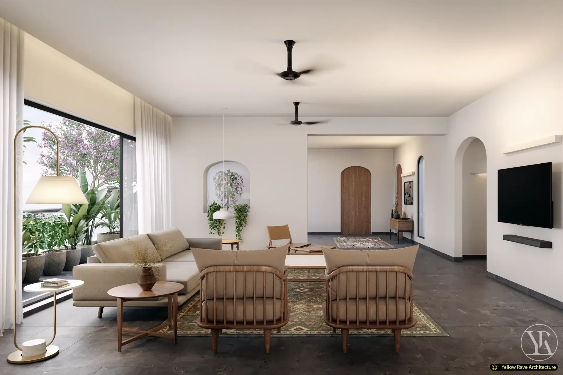 Coastal Minimalism — rooftop terrace with terracotta tile floor, rattan pergola ceiling, swing seat and coastal city views
