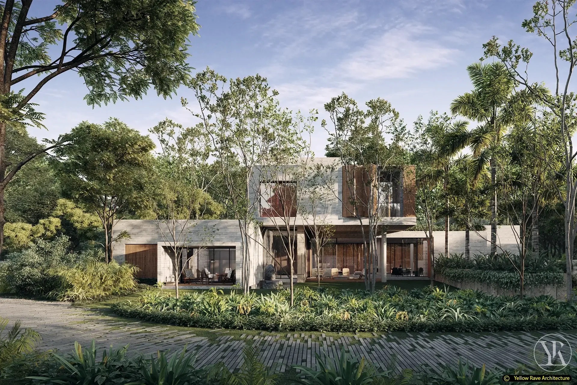 Home in Nature — side elevation showing stone lower storey, timber upper floor with pivot screens, garden path and lush tropical planting, concept render