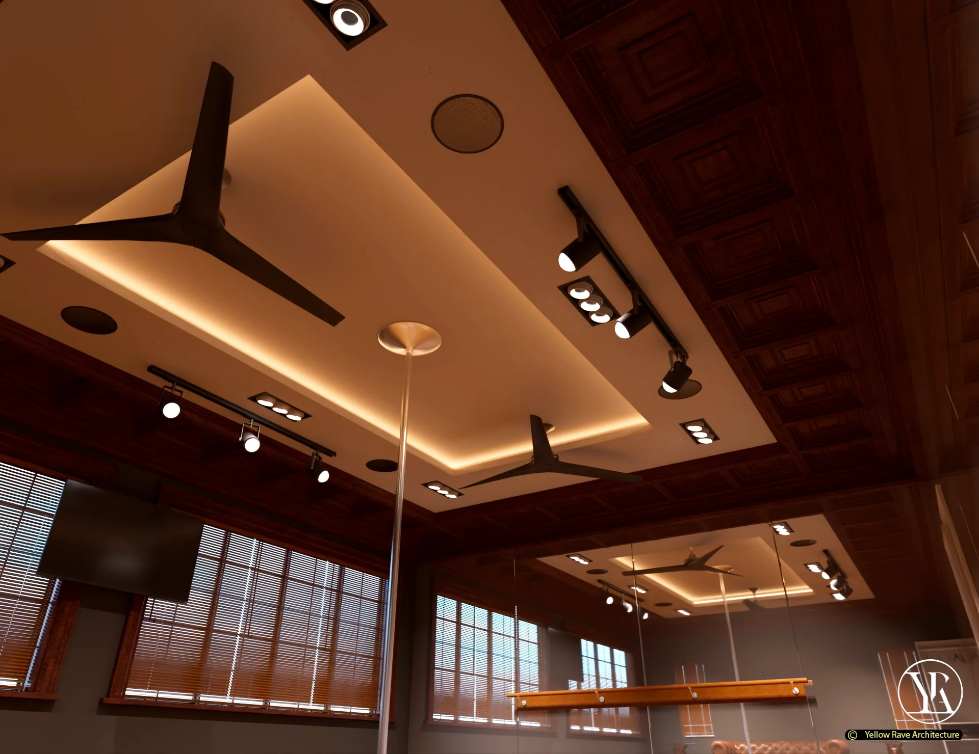 Home Dance Room Studio — three-quarter view showing mirror wall, dark grey walls, lounge zone and dance pole, Karen, Nairobi