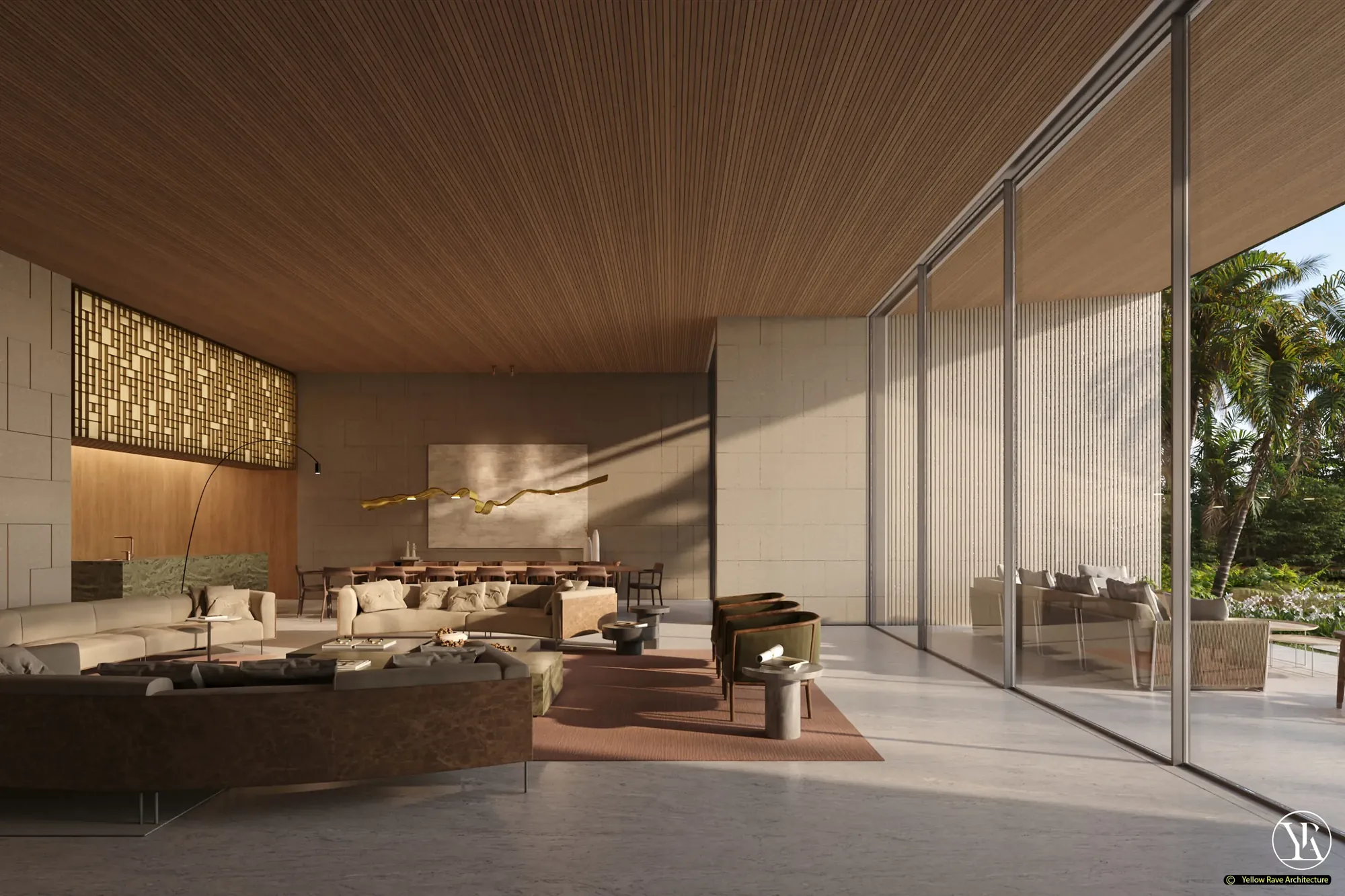 By the Diani Beach — open-plan interior with slatted timber ceiling and floor-to-ceiling glazing to garden and pool
