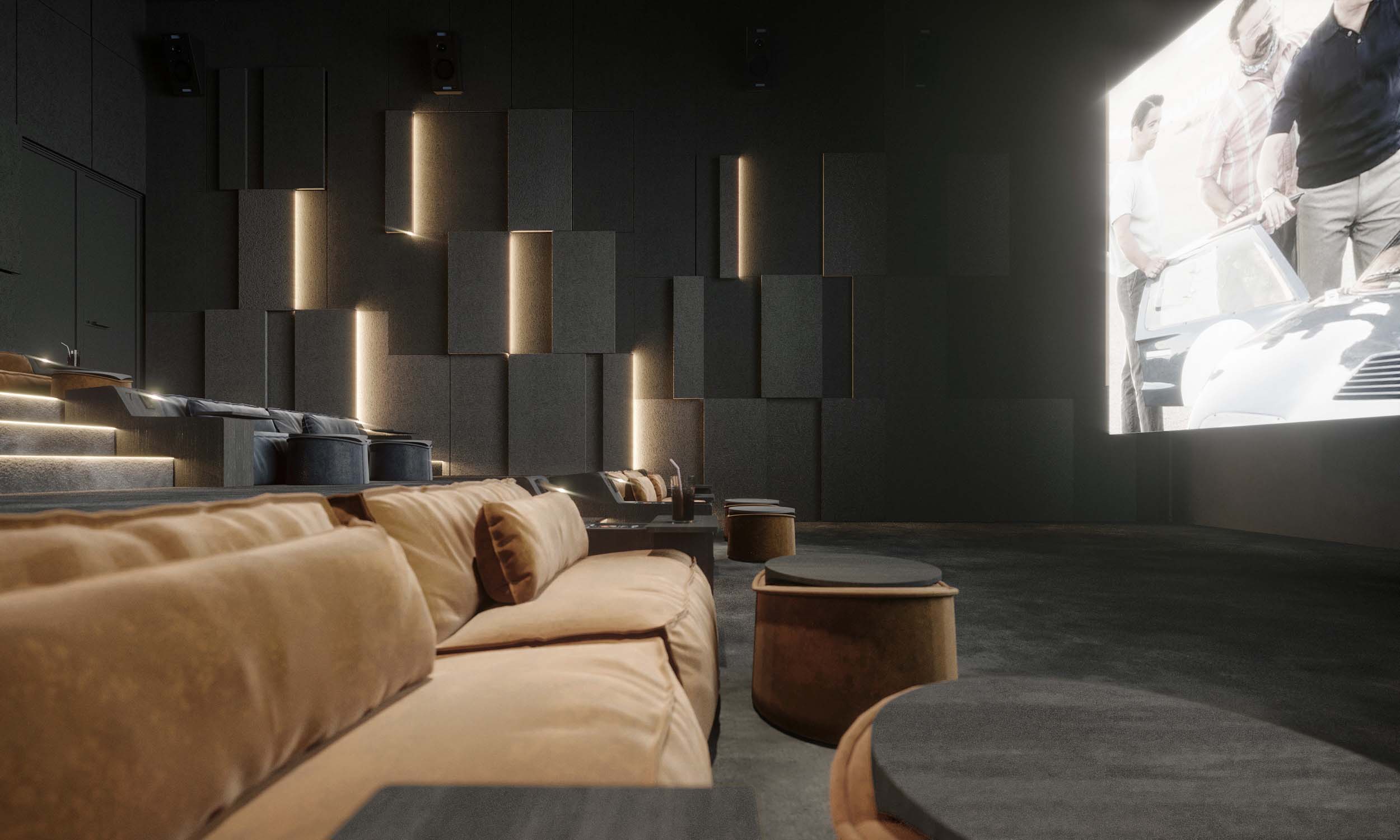 Cinema — Cinema Club corridor with dark green velvet banquette seating, bronze frame dividers and backlit signage