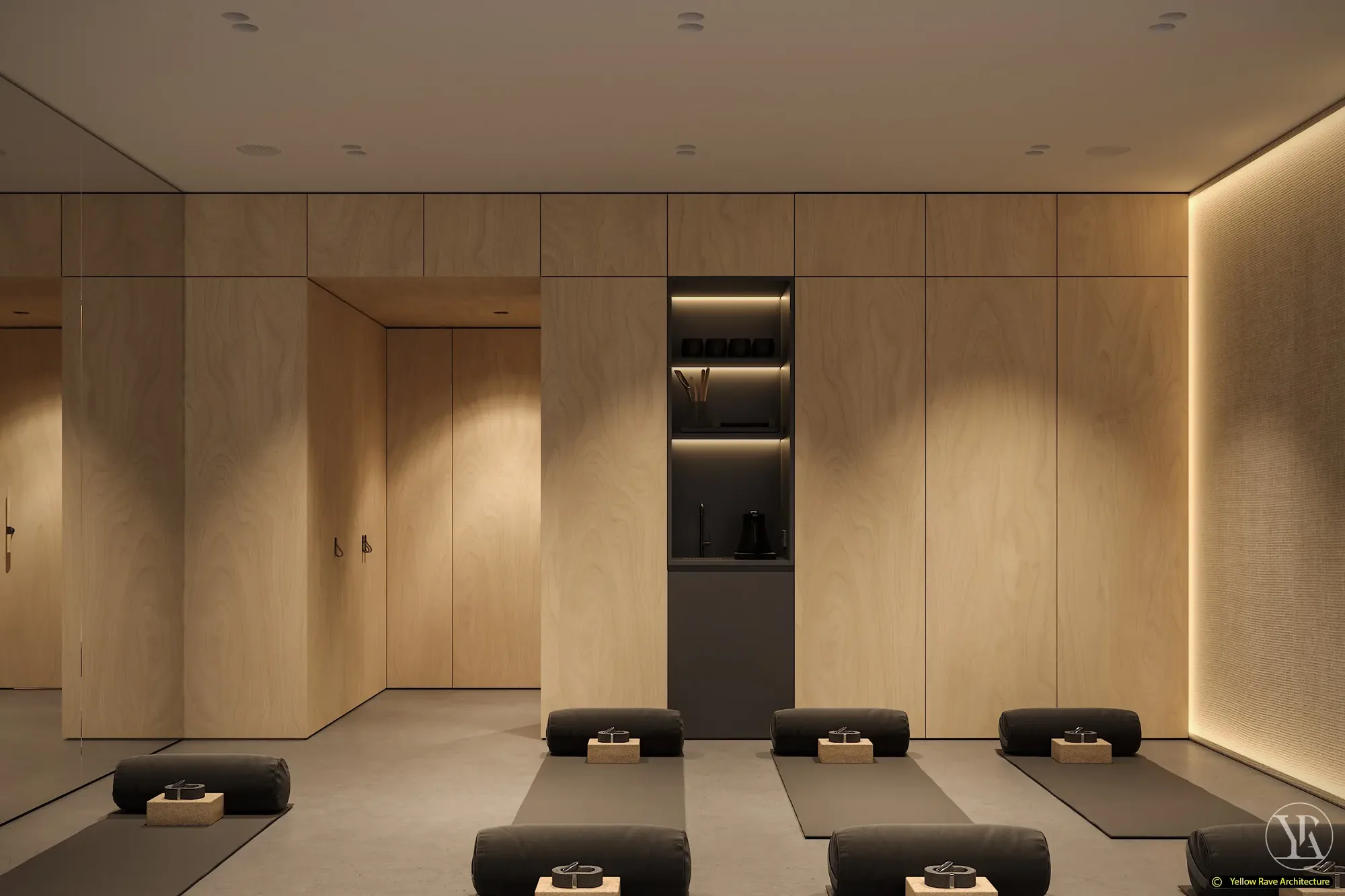 Yoga with Friends — dark WC room with near-black walls, plywood toilet wall with concealed cistern flush plate and black fittings throughout