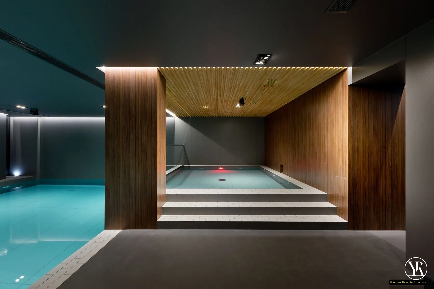 Home Spa Extension — corridor view showing glazed sauna cabin with pale timber interior and purple-lit steam space beyond