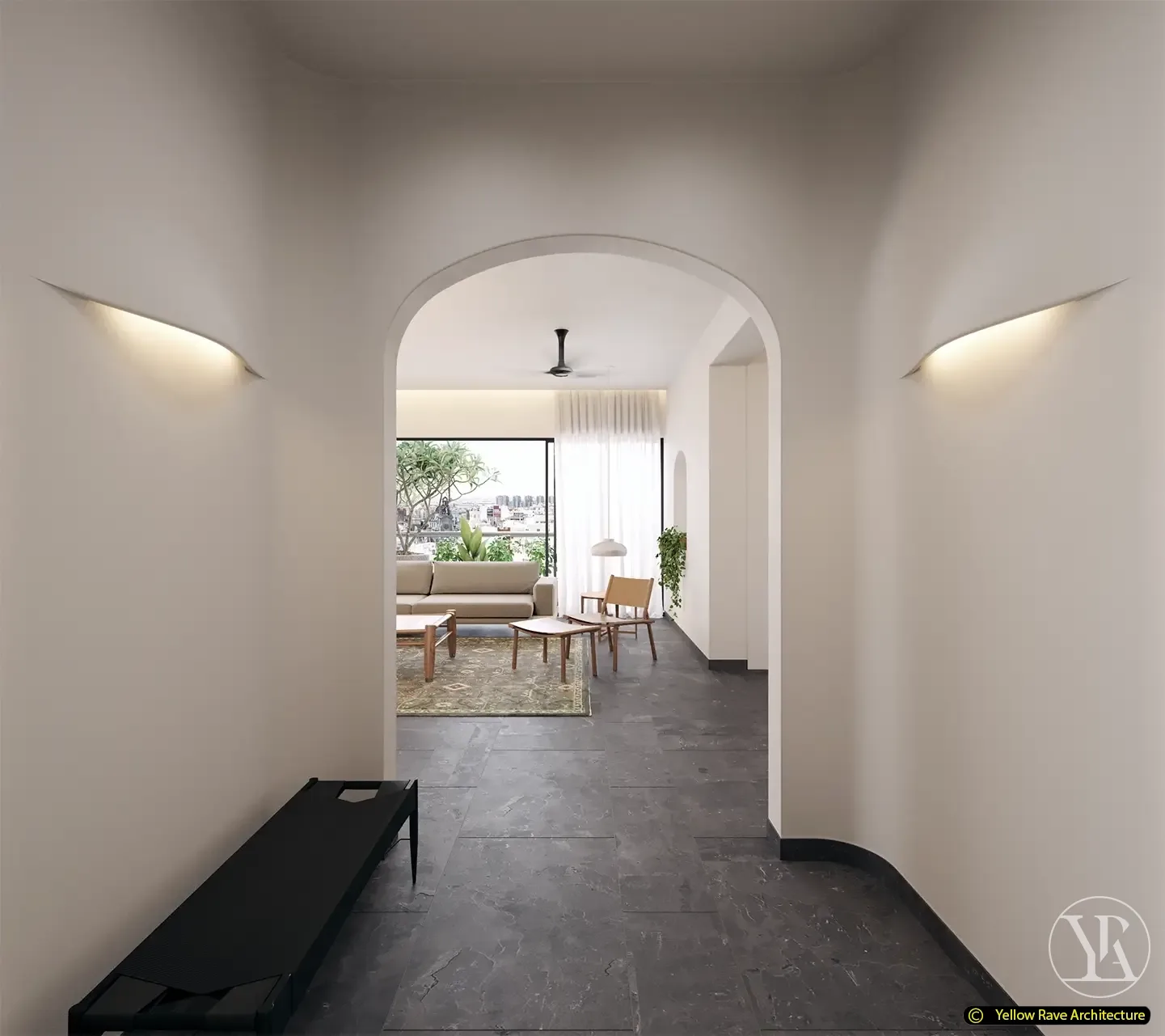 Coastal Minimalism — entrance corridor with two plaster arched openings and wall sconces leading to the living room, Malindi, Kilifi