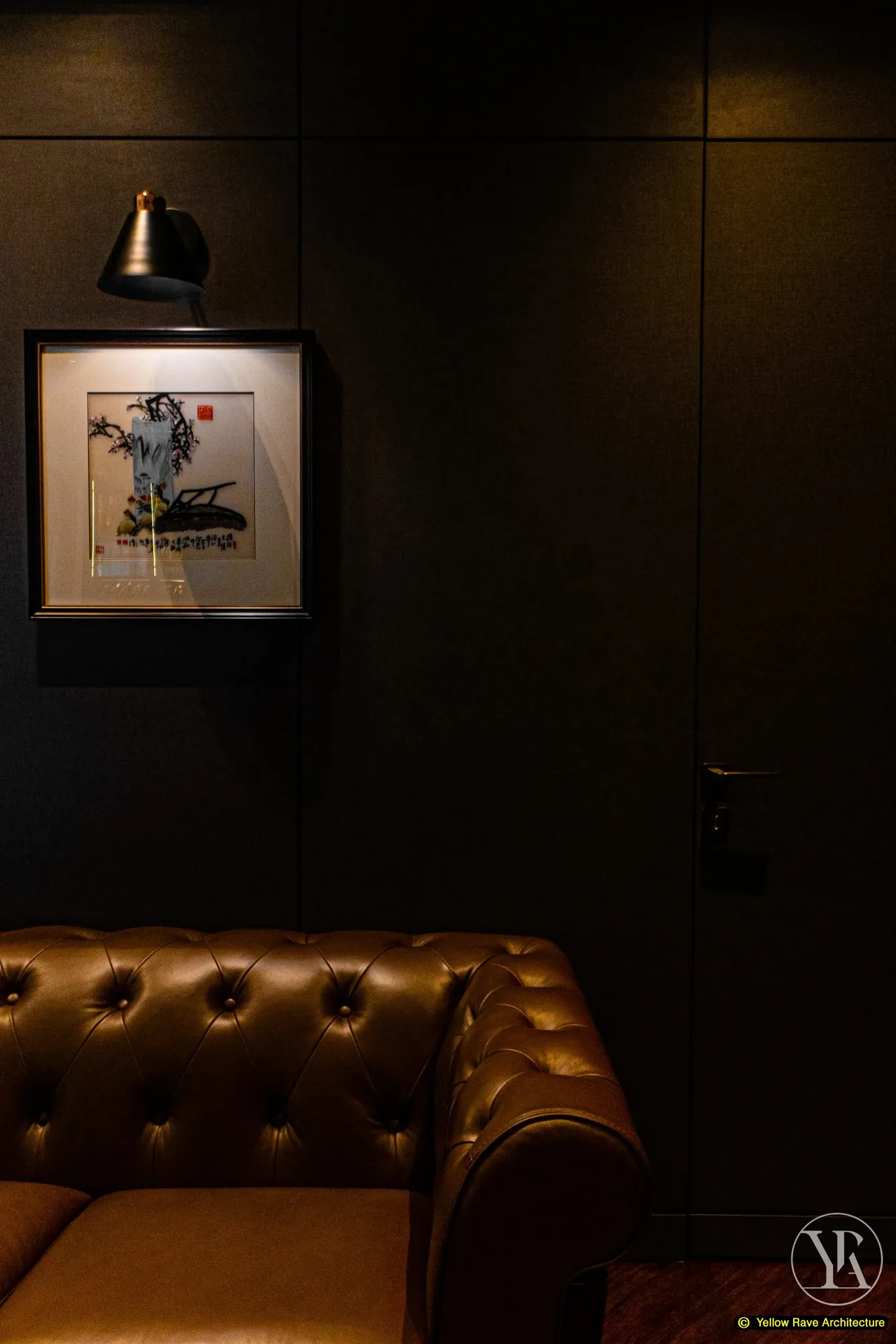 Down Time Drinks — bar cabinet showing whisky bottles, suspended glasses and wine rack with ink painting on dark wall to the right