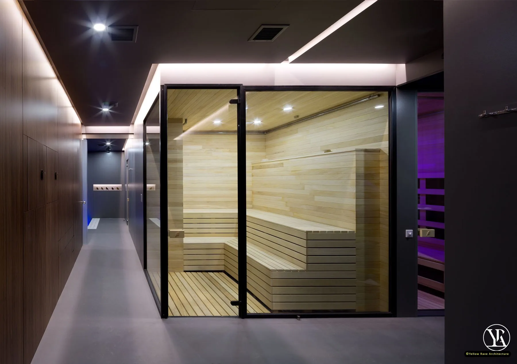 Home Spa Extension — Jacuzzi alcove enclosed in timber-panelled walls and slatted ceiling with red chromotherapy LED lighting