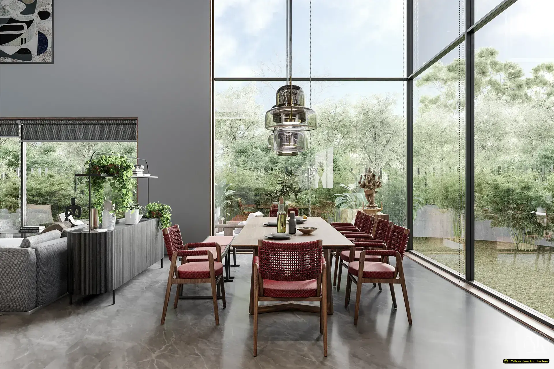 House of Views — second bedroom with full-height sliding doors to a terrace with stone boundary wall and tropical planting beyond
