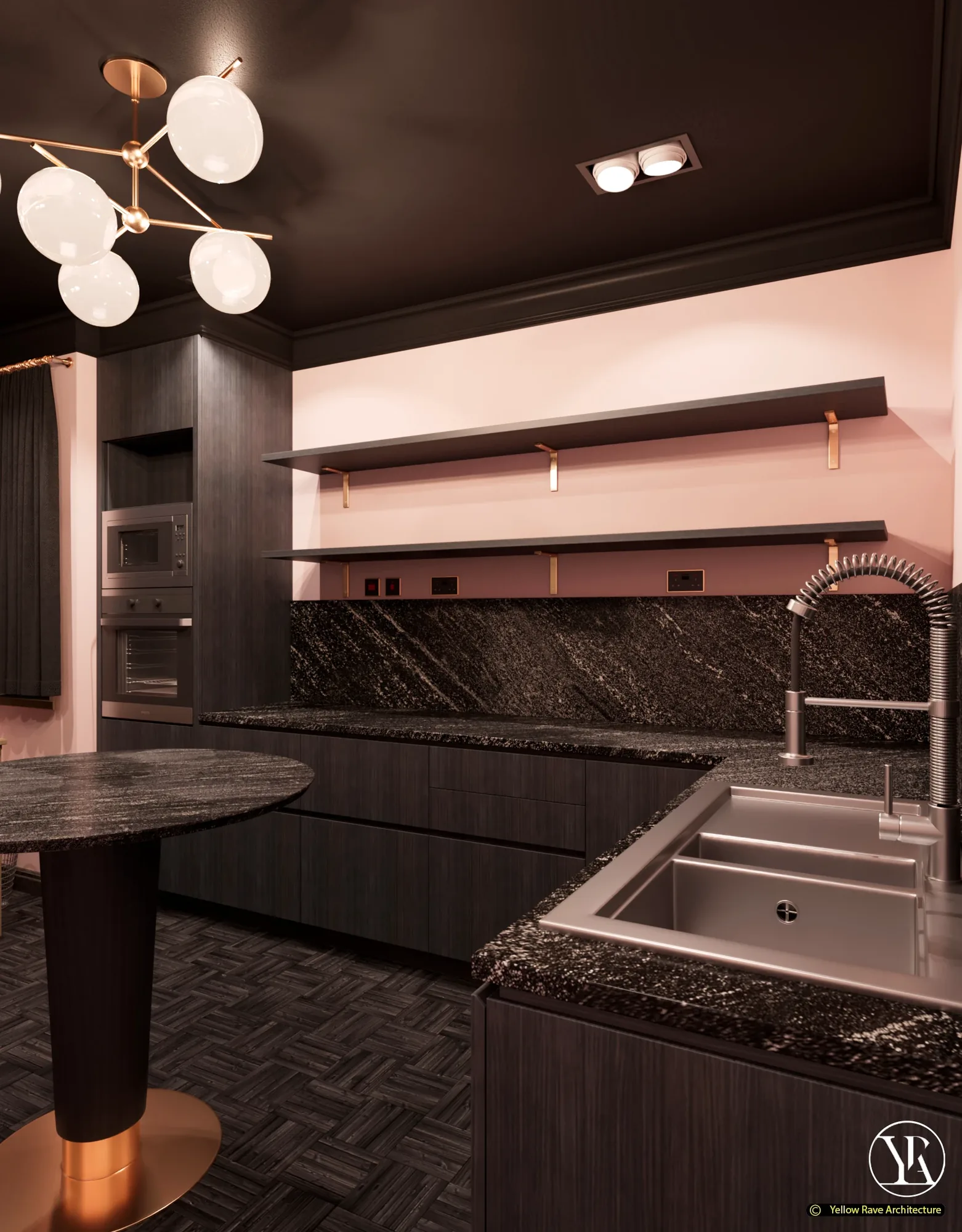 Home Baking Studio — worktop corner showing dark stone sink area with commercial pull-down tap, open shelves and apron rail
