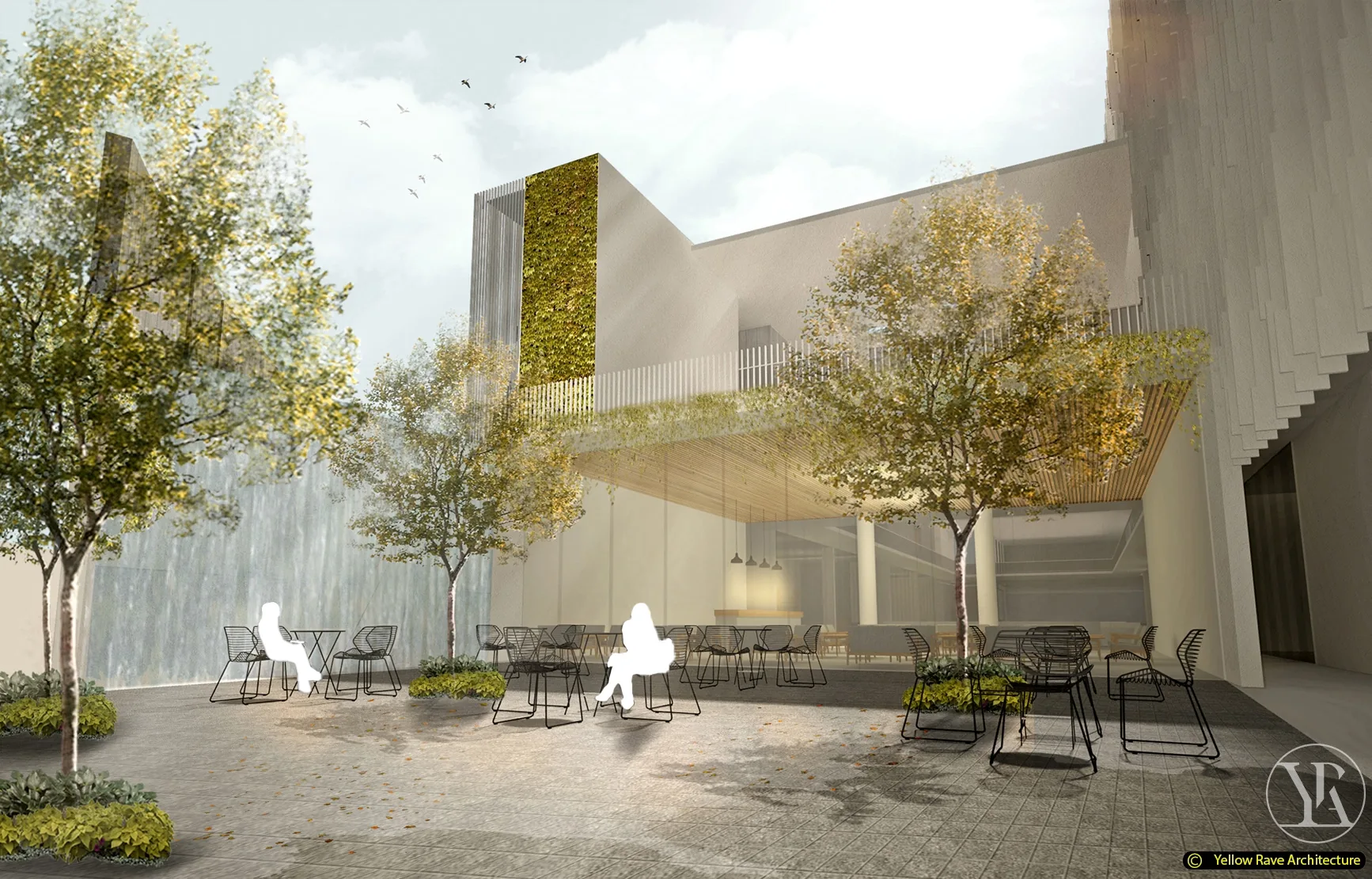 The Last Goodbye — indoor atrium with full-height tree planting, café seating, retail units and perforated screen walls rising to a glazed upper level, concept render