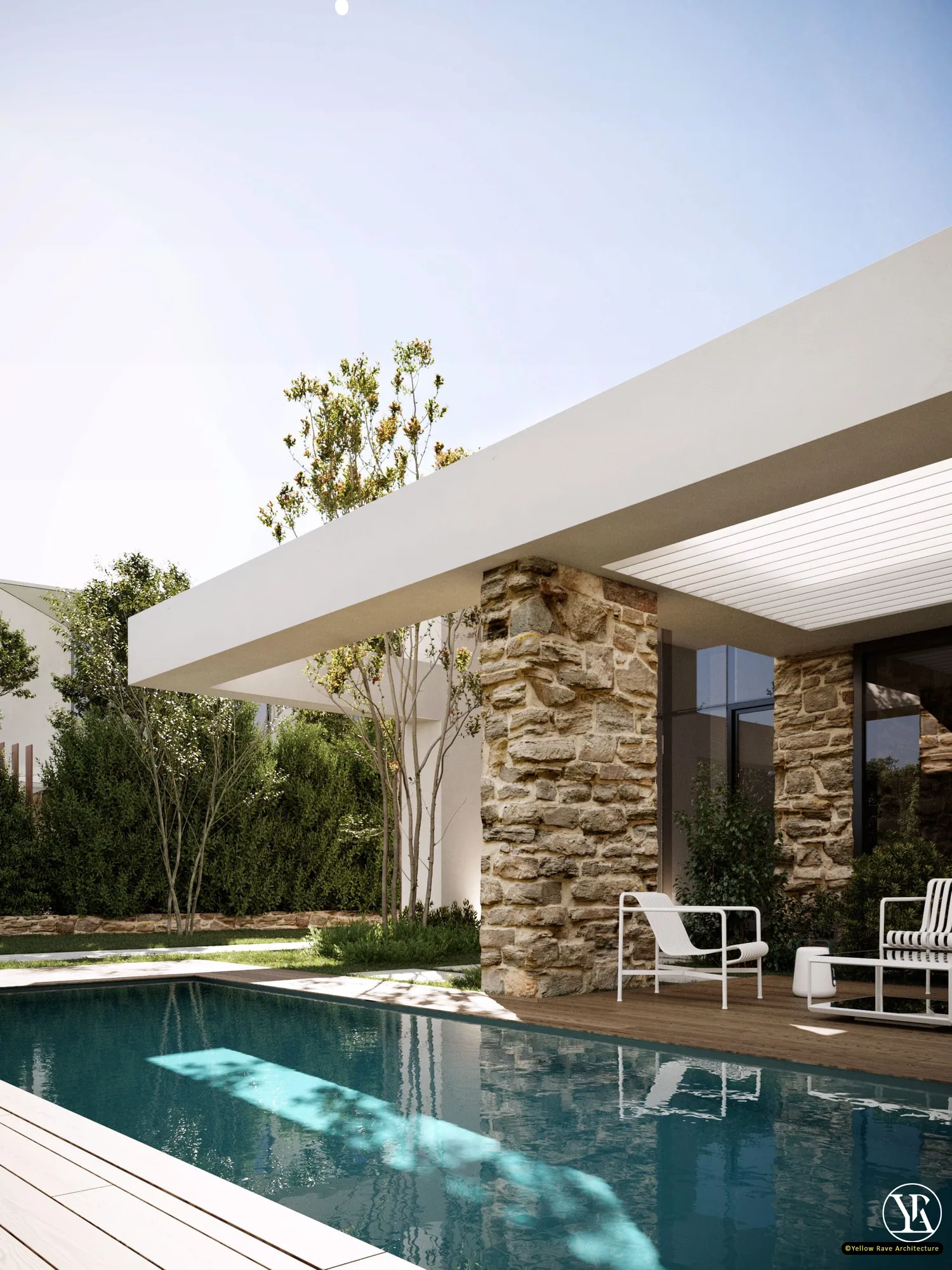 Residence 1 — pool terrace showing rubble stone pier, timber louvred soffit above, white outdoor chairs and lap pool in foreground, concept render