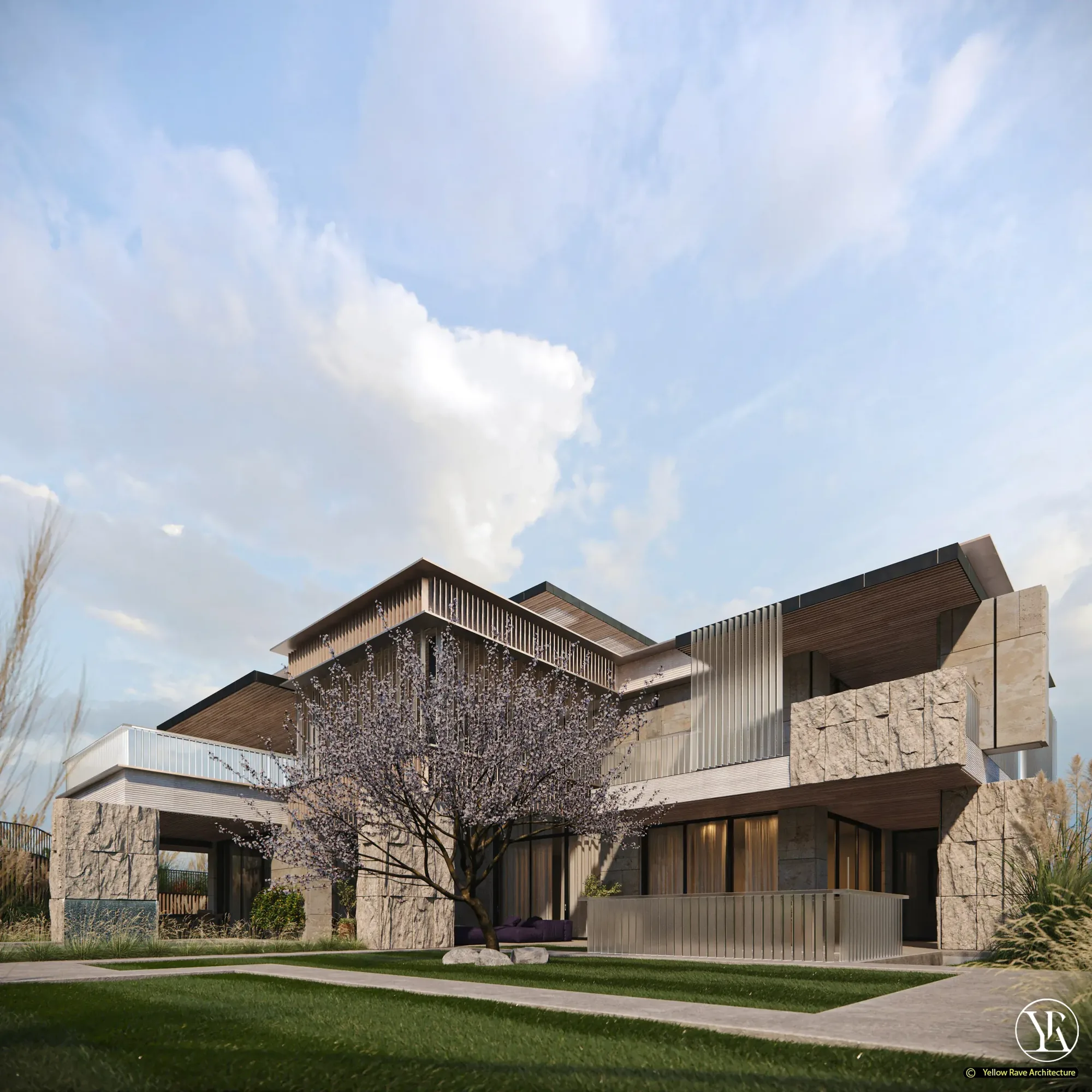Heavy Stone — entry close-up showing rough stone columns, stone paving steps and vertical dark timber slatted screen, concept render